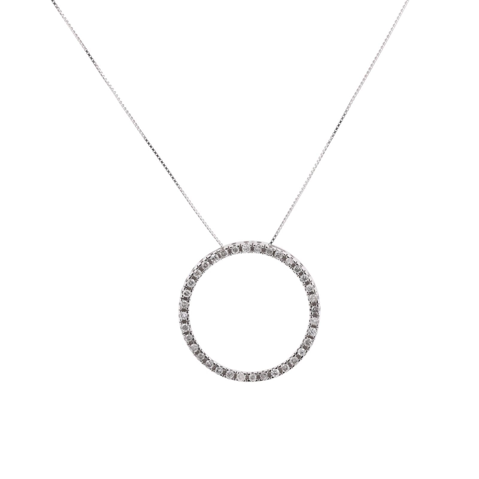 14K White Gold 0.50CTW Diamond Circle Pendant Necklace 19.5" Round Brilliant