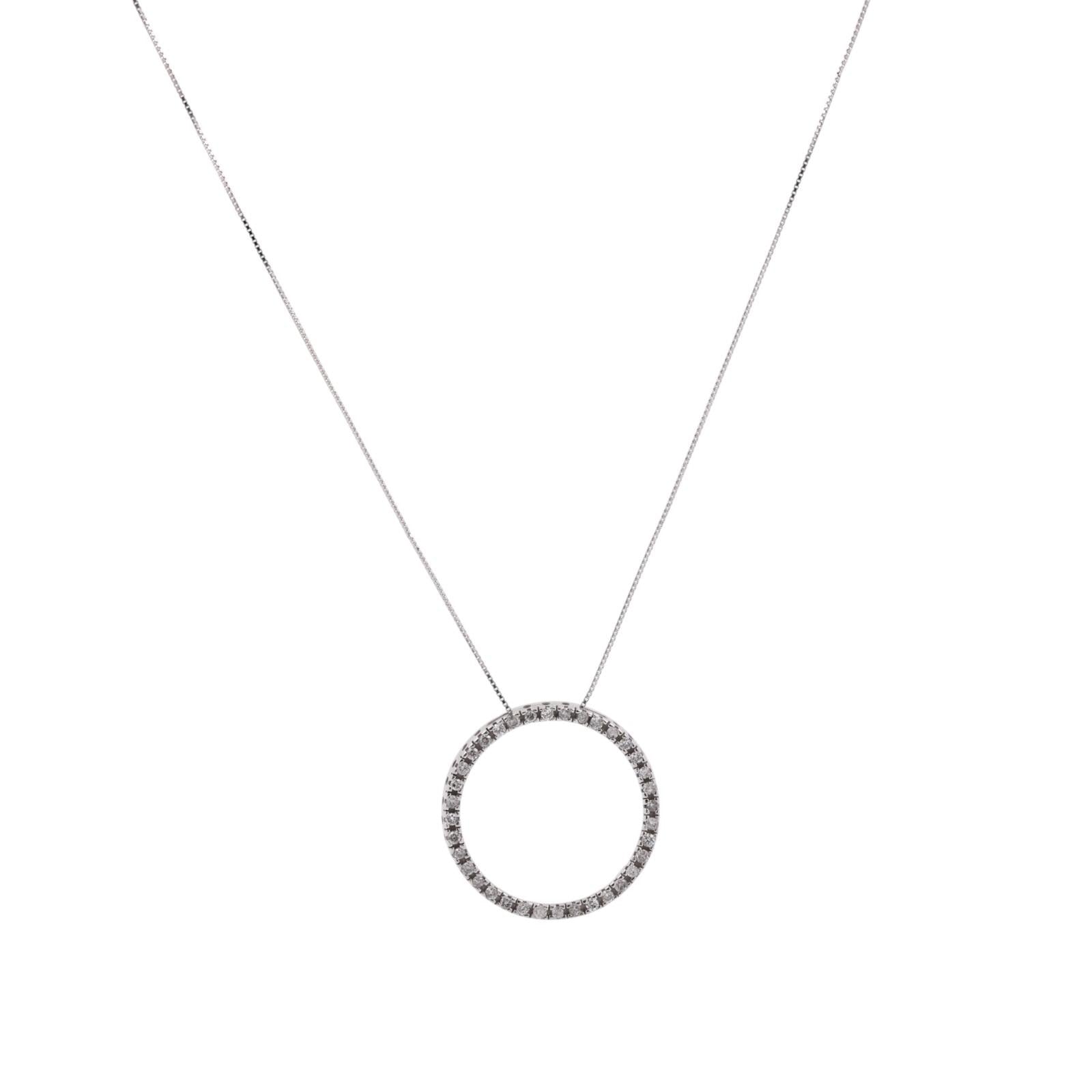 14K White Gold 0.50CTW Diamond Circle Pendant Necklace 19.5" Round Brilliant