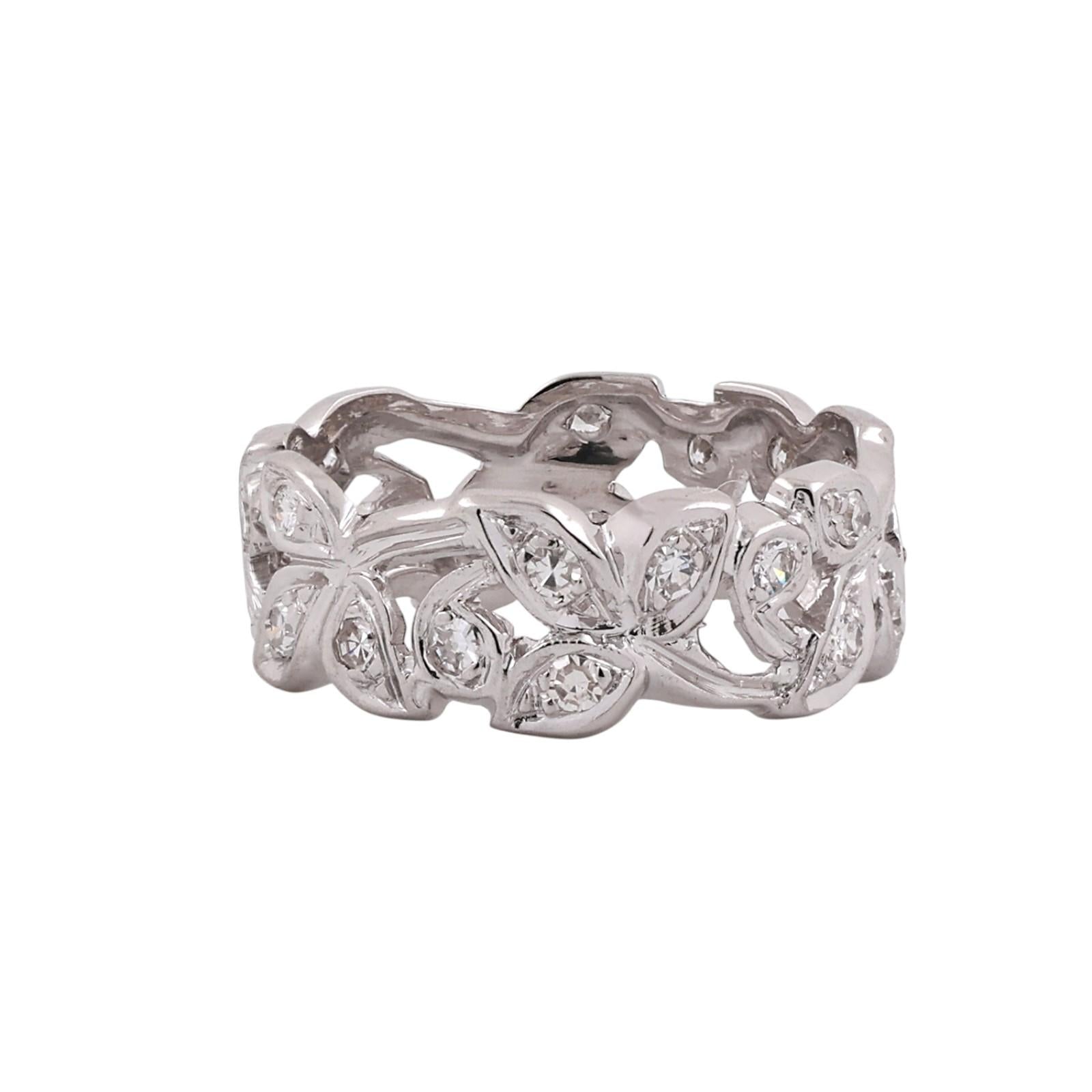 White Gold Diamond Leaf Vine Full Eternity Band Ring 0.50CTW Size 7.5