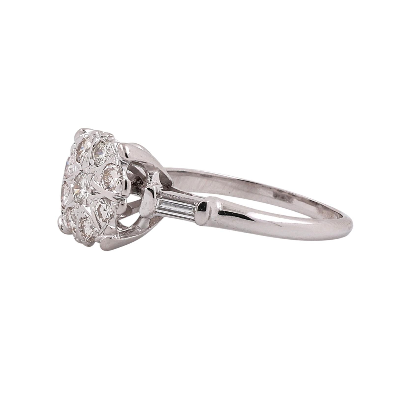 14K White Gold 0.70CTW Diamond Cluster Ring Baguette Accents Size 6.75