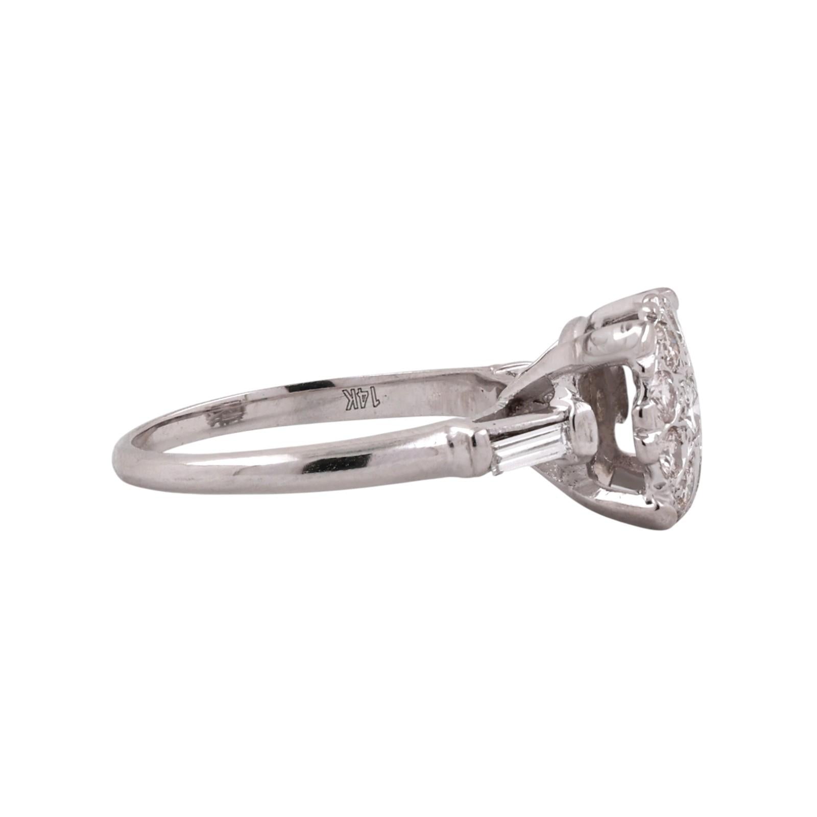 14K White Gold 0.70CTW Diamond Cluster Ring Baguette Accents Size 6.75