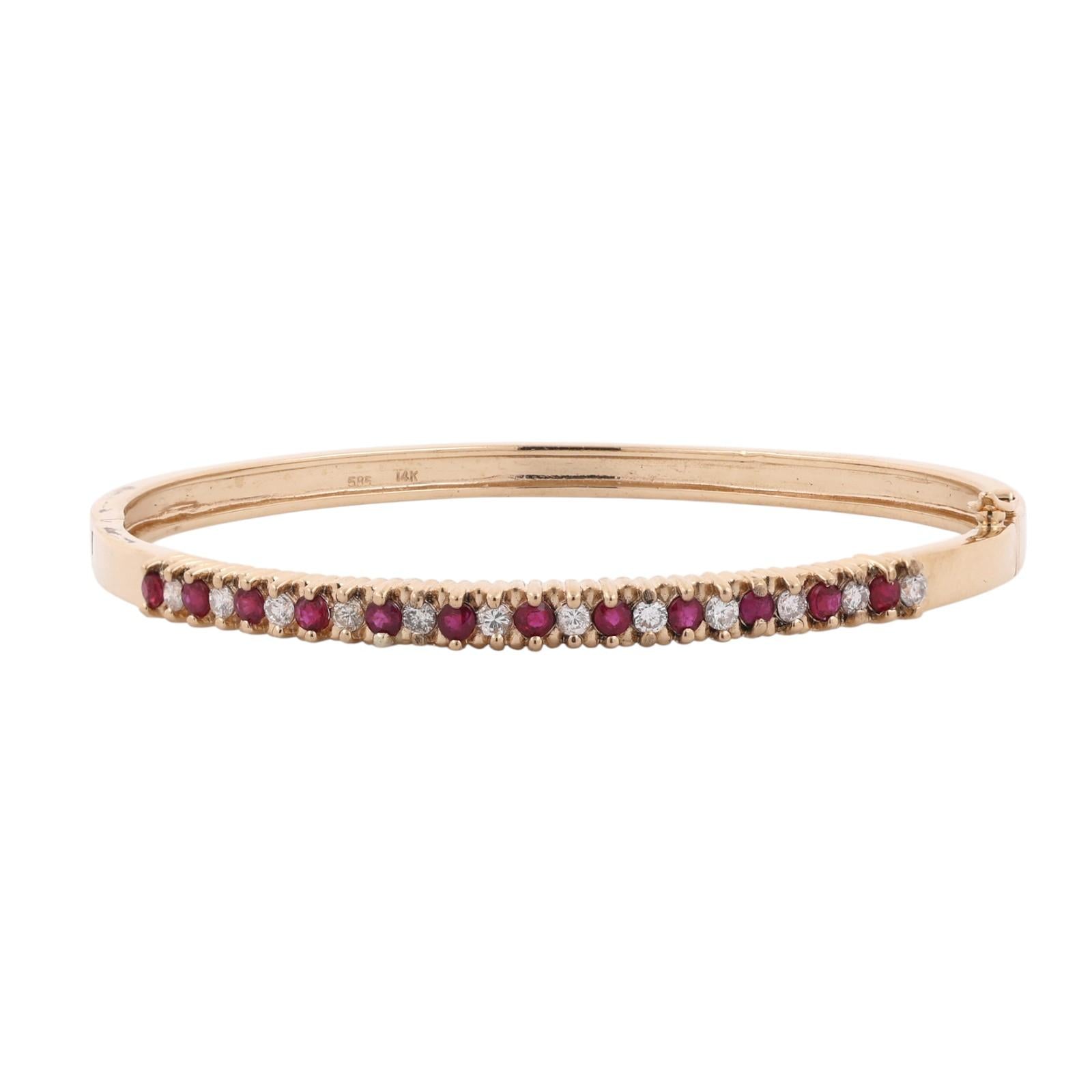 14K Yellow Gold Ruby Diamond Bangle Bracelet 1.05CTW 6.75"