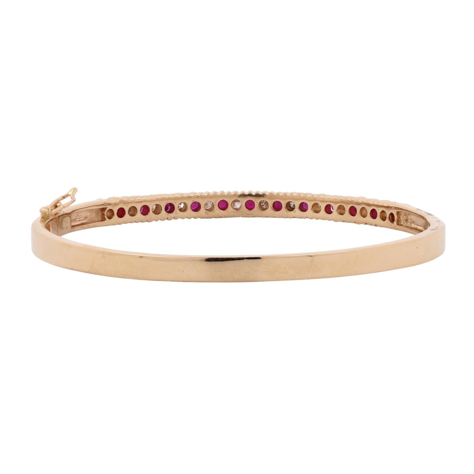 14K Yellow Gold Ruby Diamond Bangle Bracelet 1.05CTW 6.75"