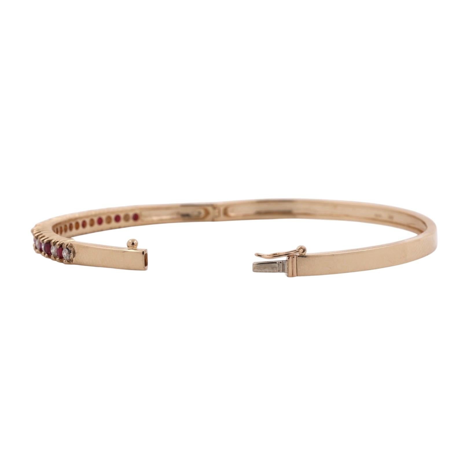 14K Yellow Gold Ruby Diamond Bangle Bracelet 1.05CTW 6.75"