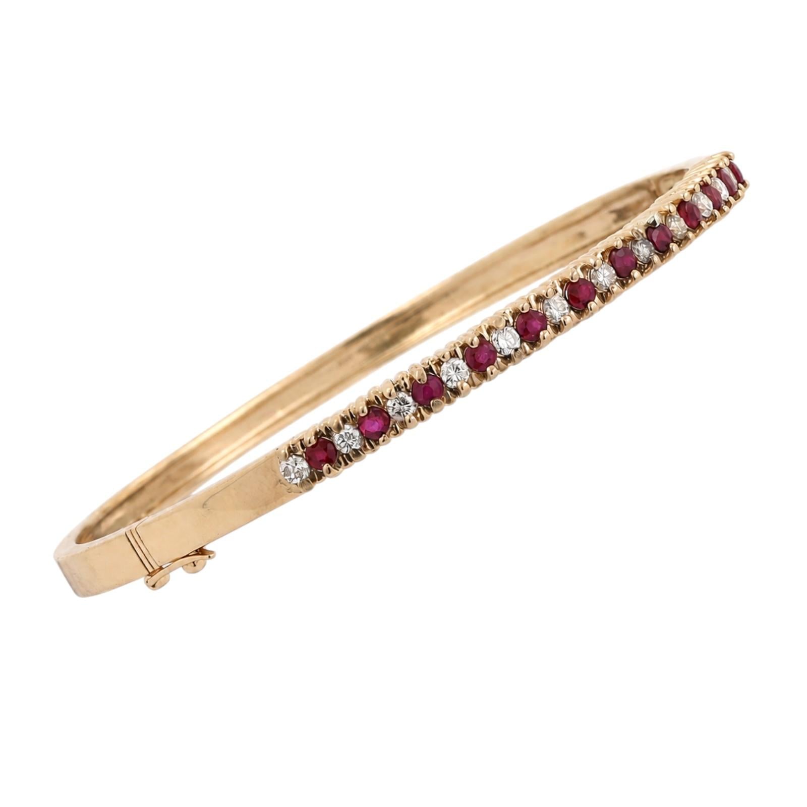 14K Yellow Gold Ruby Diamond Bangle Bracelet 1.05CTW 6.75"