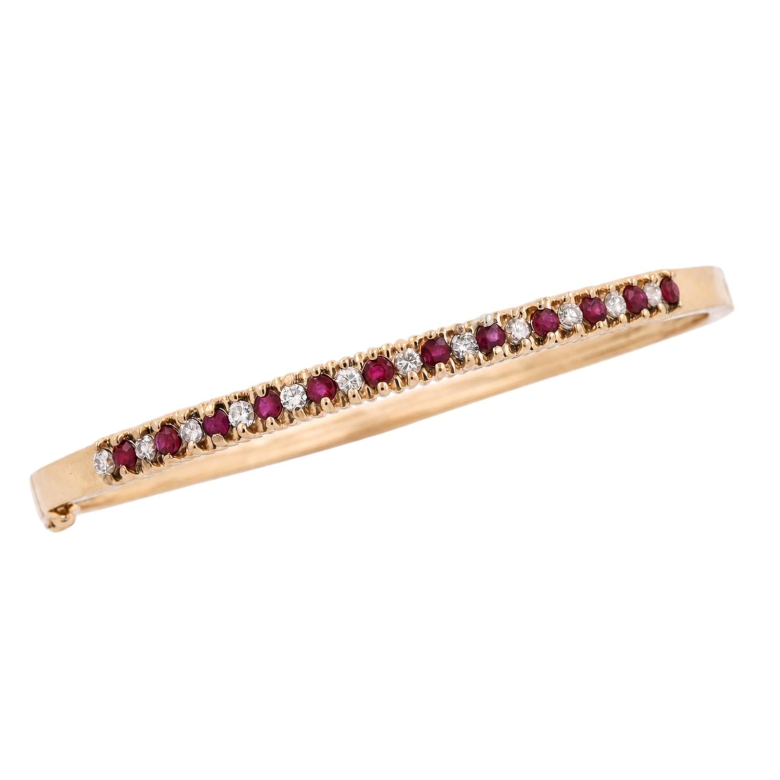 14K Yellow Gold Ruby Diamond Bangle Bracelet 1.05CTW 6.75"