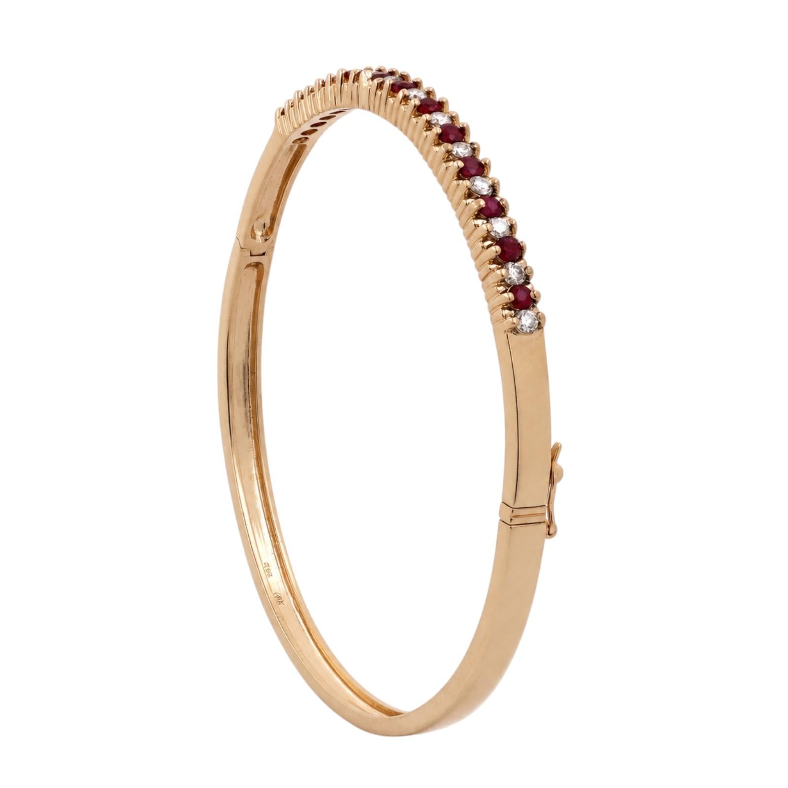 14K Yellow Gold Ruby Diamond Bangle Bracelet 1.05CTW 6.75"