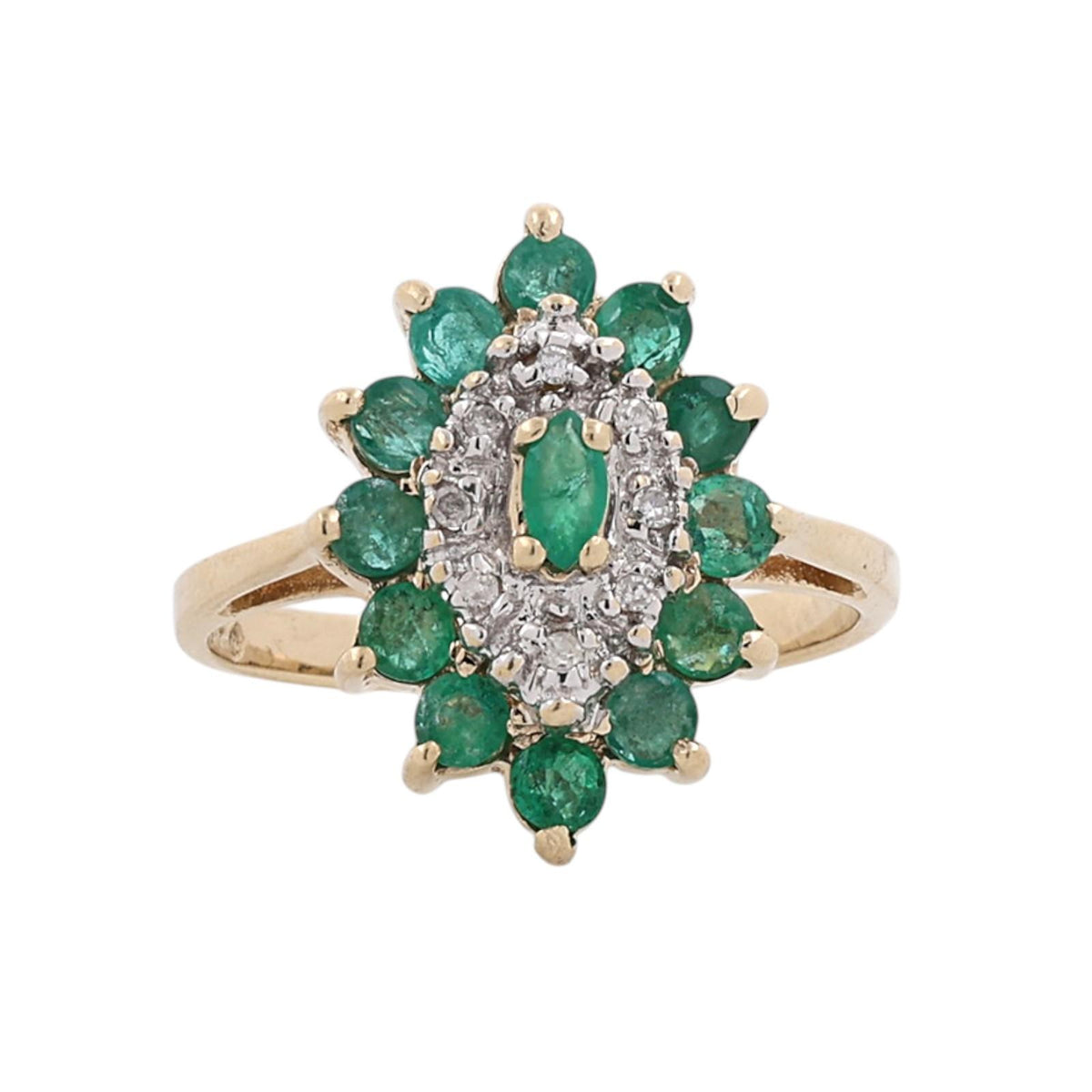 Natural Emerald Diamond Cluster Ring 10K Two Tone Gold 0.88 CTW Size 6.25