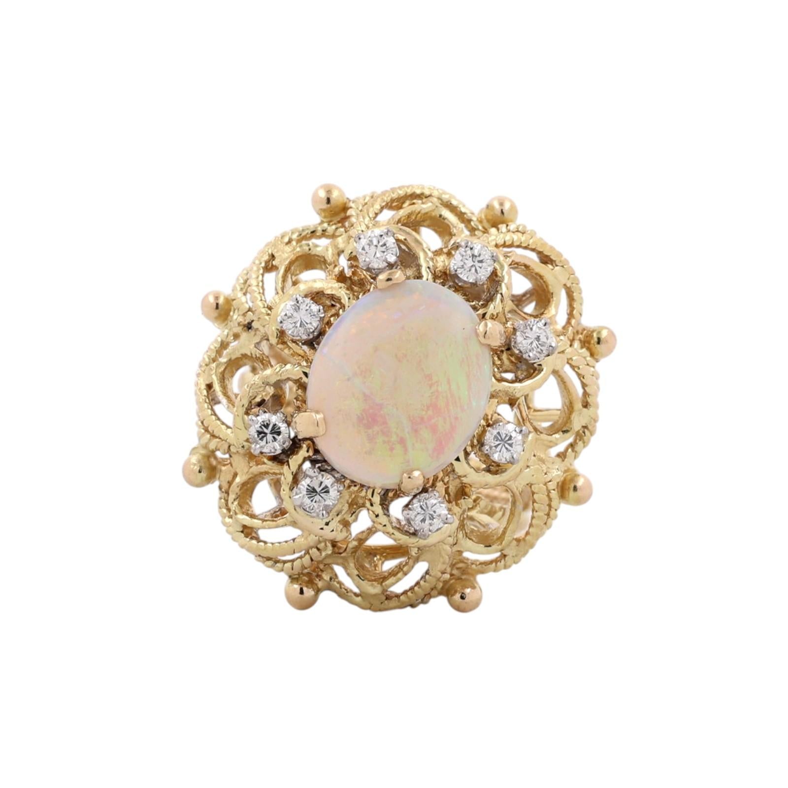 14K Gold White Opal Diamond Ring 3.01CTW Vintage Cocktail Estate Size 6