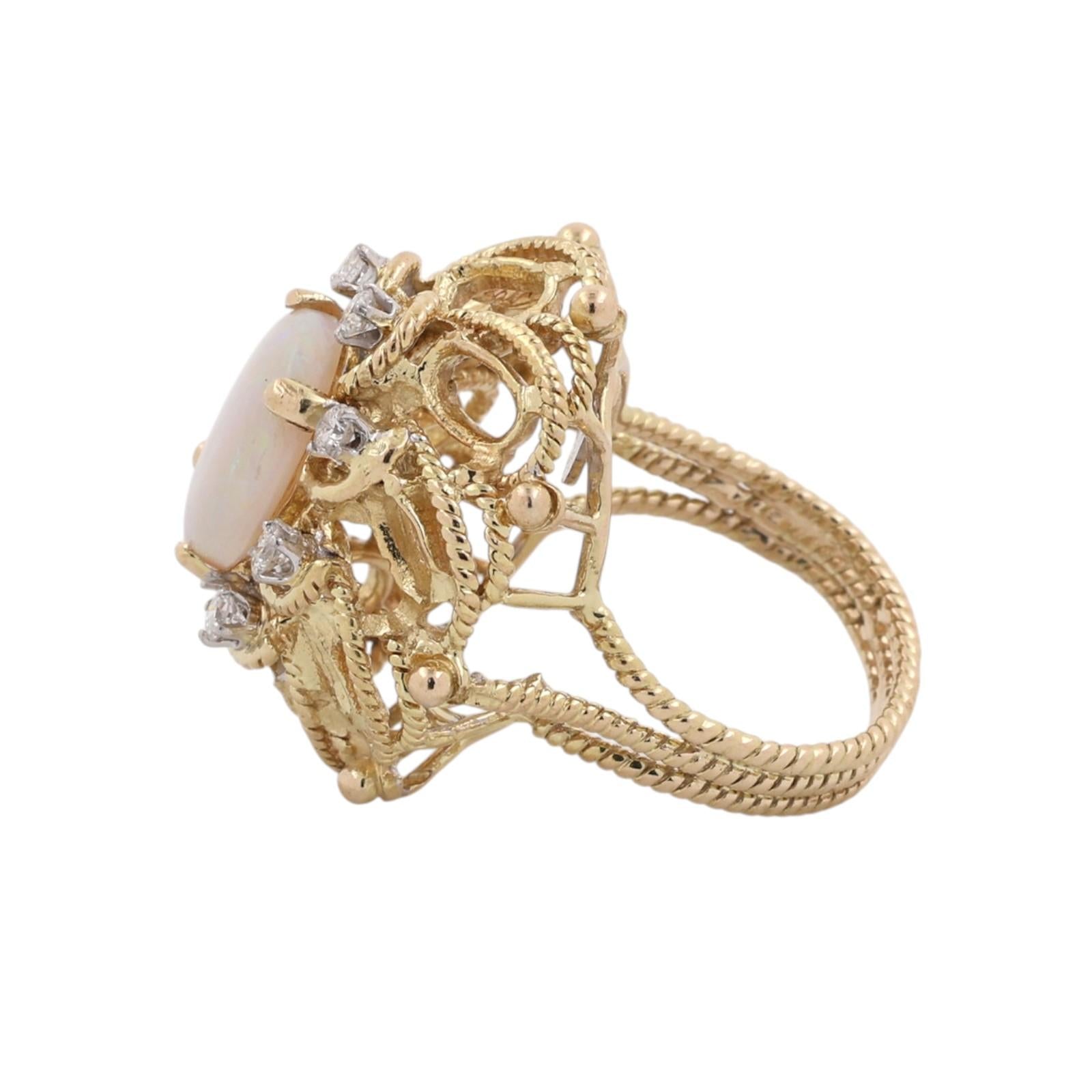 14K Gold White Opal Diamond Ring 3.01CTW Vintage Cocktail Estate Size 6