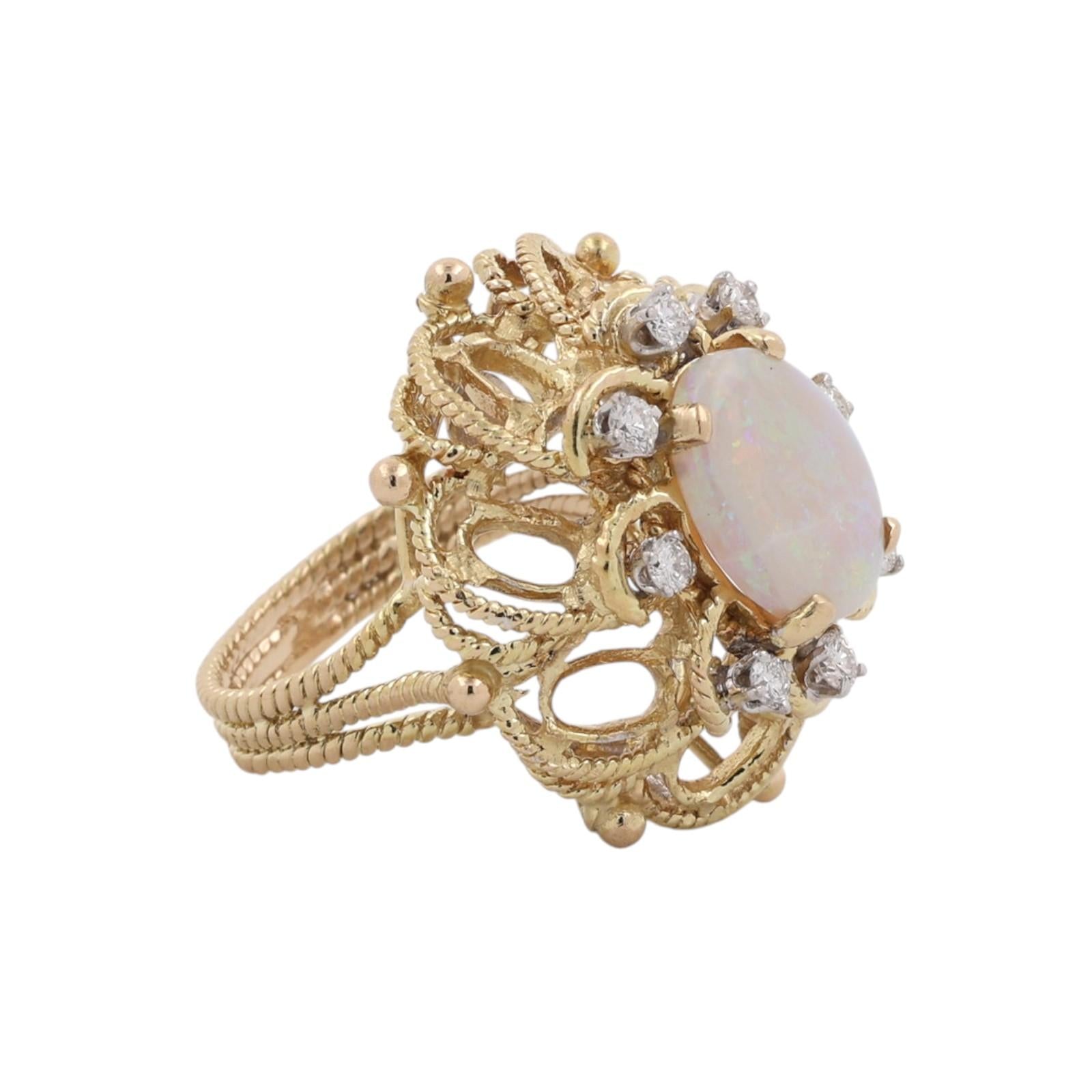 14K Gold White Opal Diamond Ring 3.01CTW Vintage Cocktail Estate Size 6