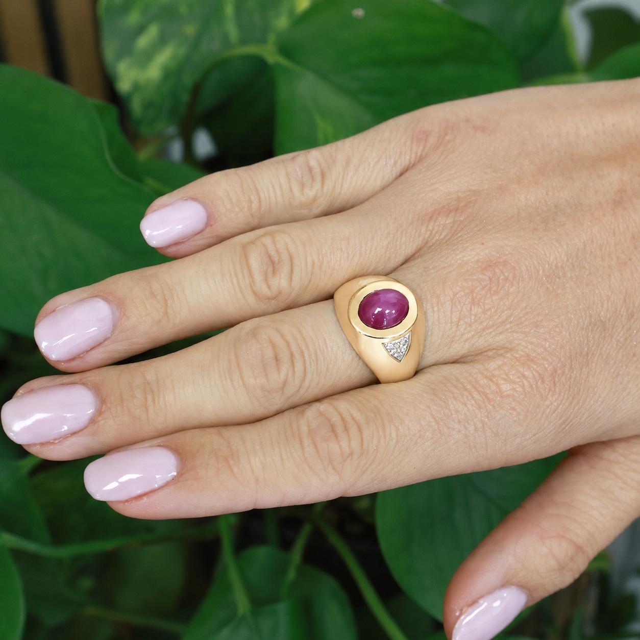 Estate Lab Star Ruby Diamond Ring 14K Yellow Gold Cabochon Size 9.25