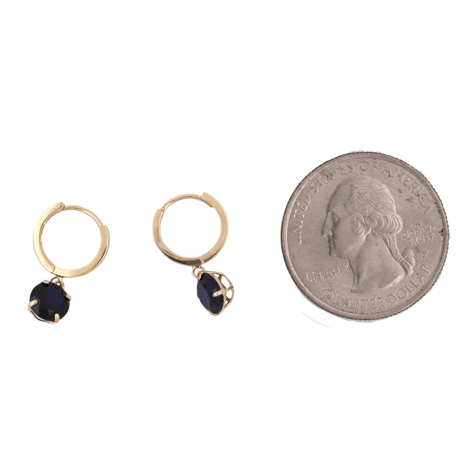 14K Yellow Gold 2.40ct Round Lab Blue Sapphire Dangle Huggie Hoop Earrings