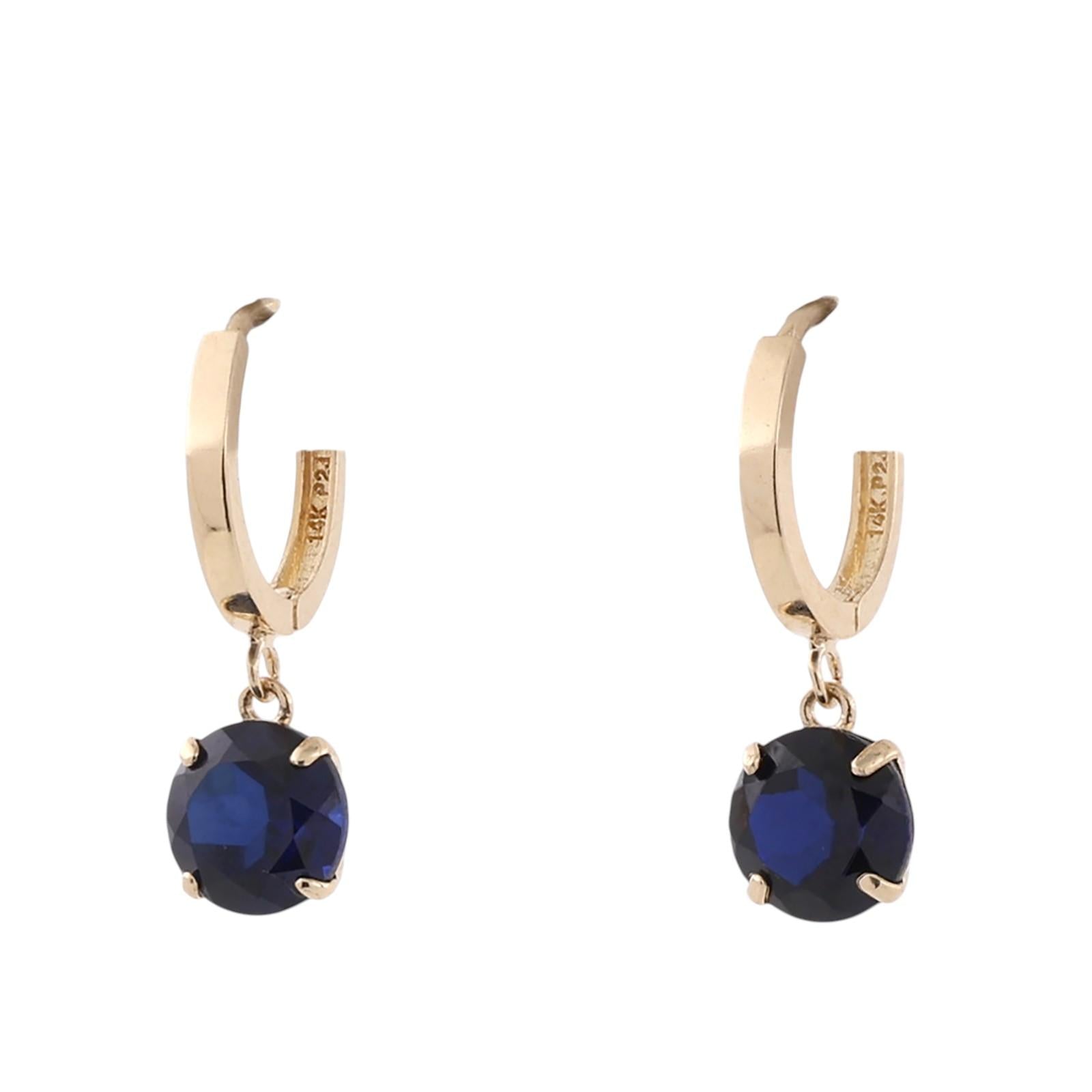 14K Yellow Gold 2.40ct Round Lab Blue Sapphire Dangle Huggie Hoop Earrings