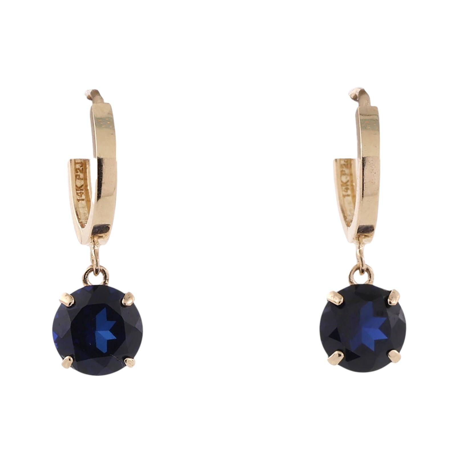 14K Yellow Gold 2.40ct Round Lab Blue Sapphire Dangle Huggie Hoop Earrings