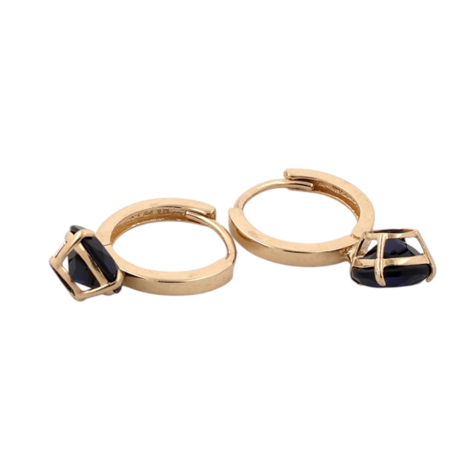14K Yellow Gold 2.40ct Round Lab Blue Sapphire Dangle Huggie Hoop Earrings