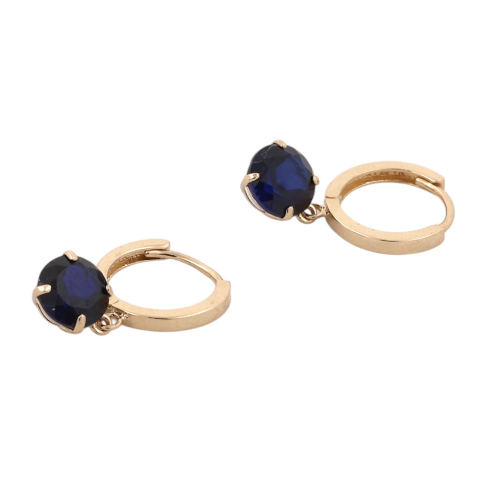 14K Yellow Gold 2.40ct Round Lab Blue Sapphire Dangle Huggie Hoop Earrings