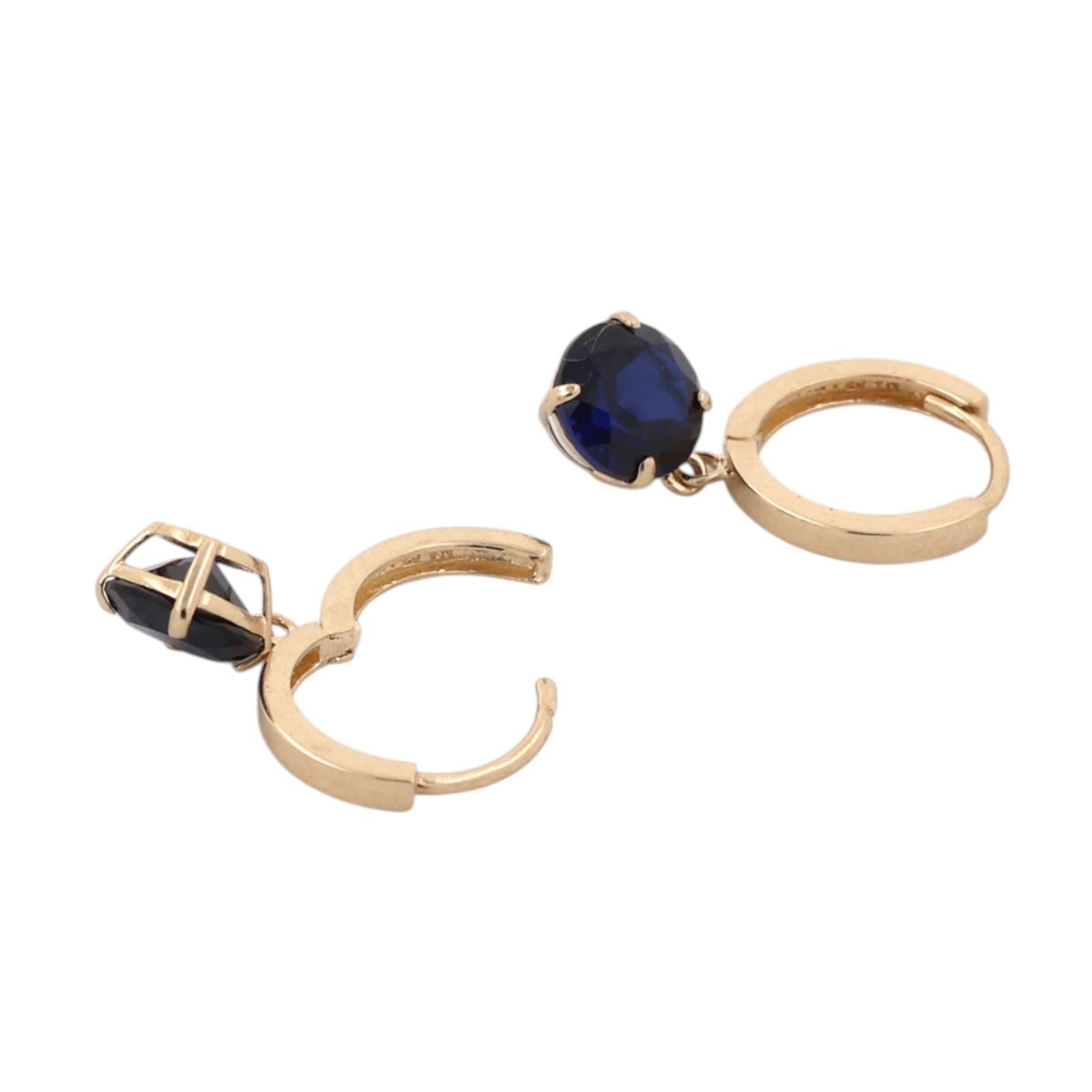 14K Yellow Gold 2.40ct Round Lab Blue Sapphire Dangle Huggie Hoop Earrings