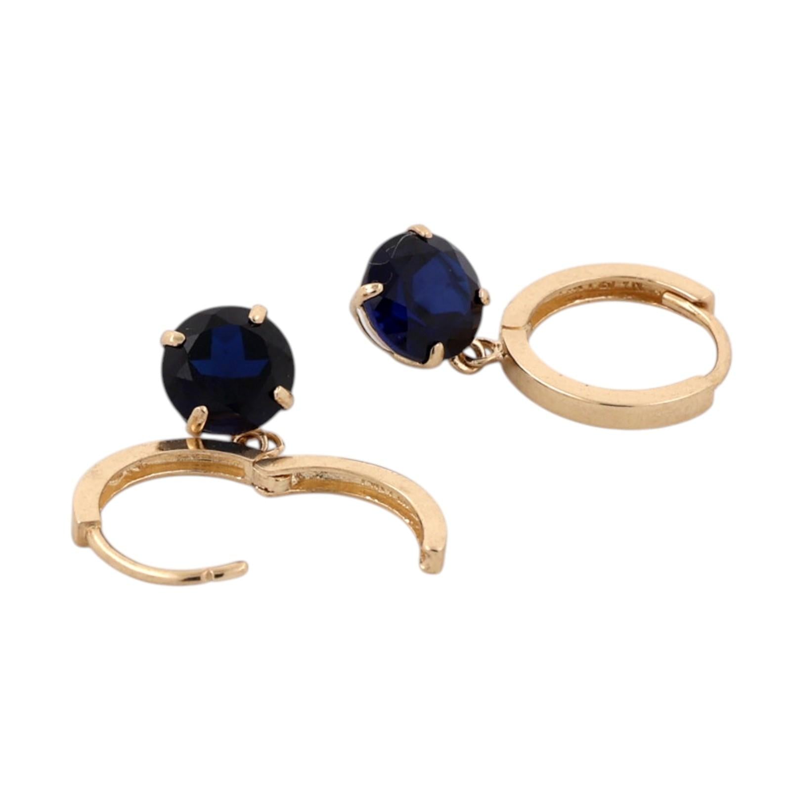 14K Yellow Gold 2.40ct Round Lab Blue Sapphire Dangle Huggie Hoop Earrings