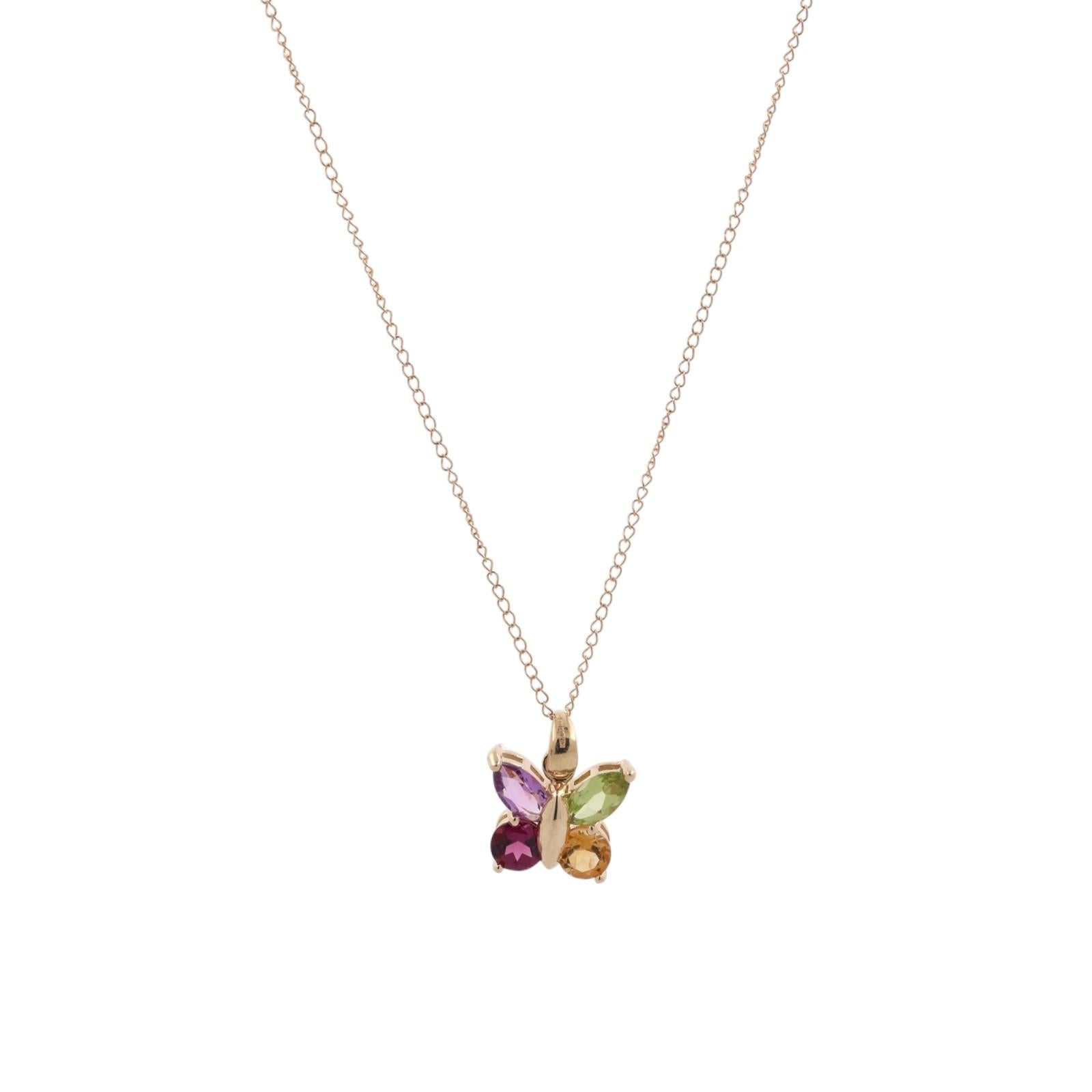 14K Gold Butterfly Pendant Chain Necklace Peridot Amethyst Garnet Citrine 18.25"