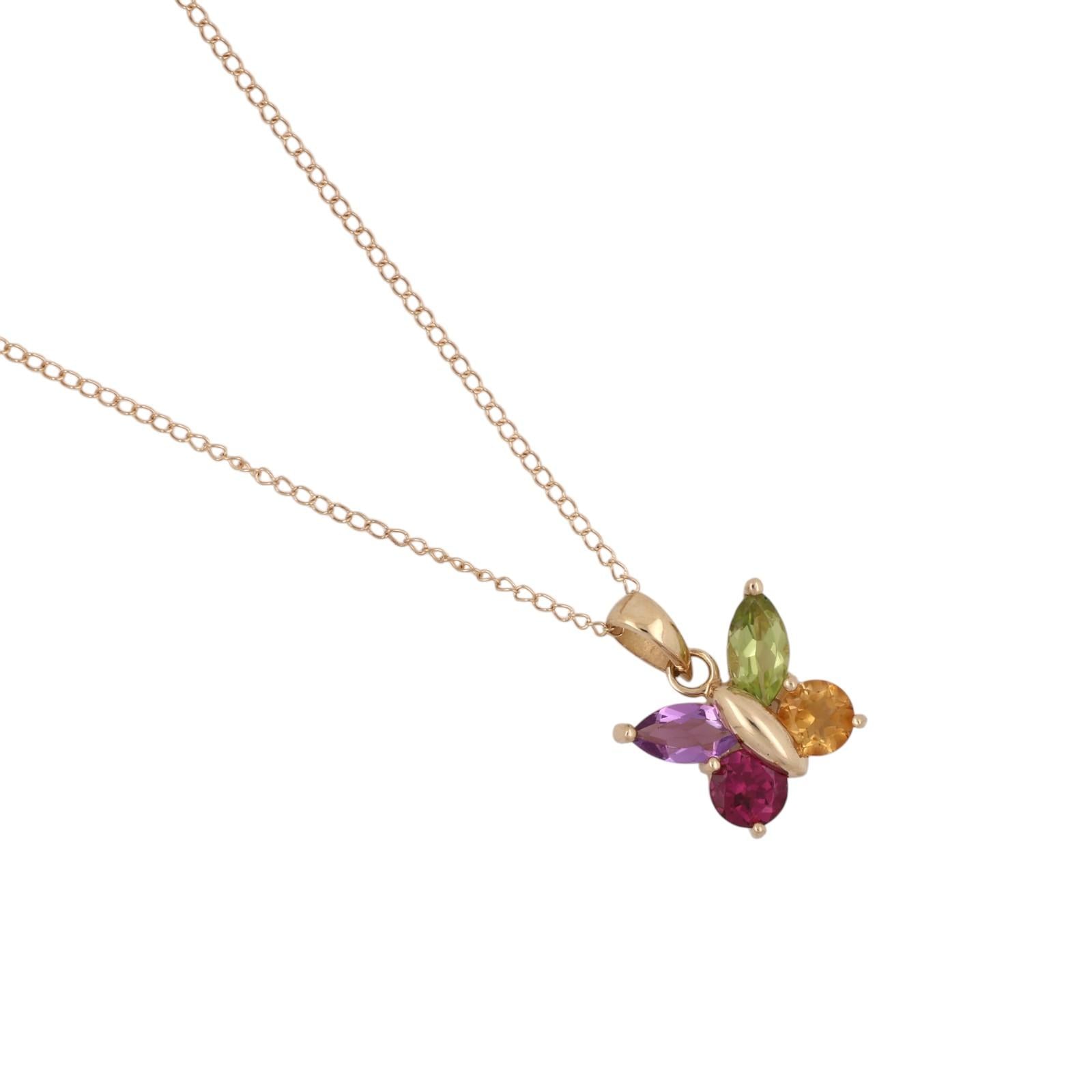 14K Gold Butterfly Pendant Chain Necklace Peridot Amethyst Garnet Citrine 18.25"