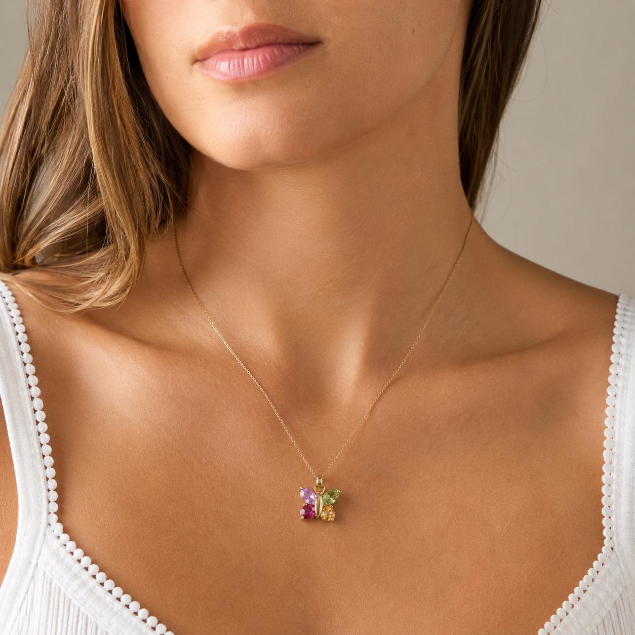 14K Gold Butterfly Pendant Chain Necklace Peridot Amethyst Garnet Citrine 18.25"