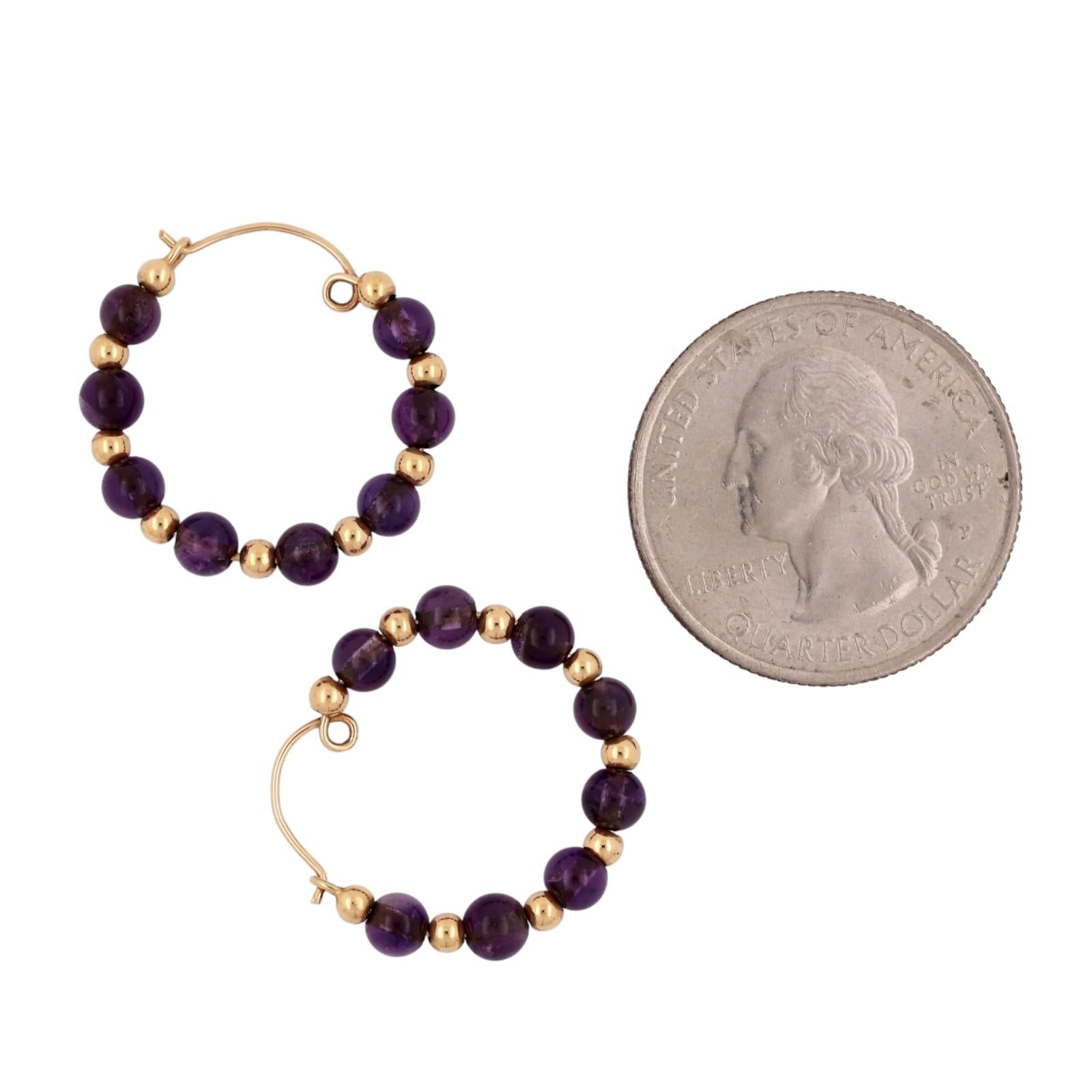 14K Yellow Gold Round Amethyst Beaded Hoop Earrings Estate Purple Gemstones