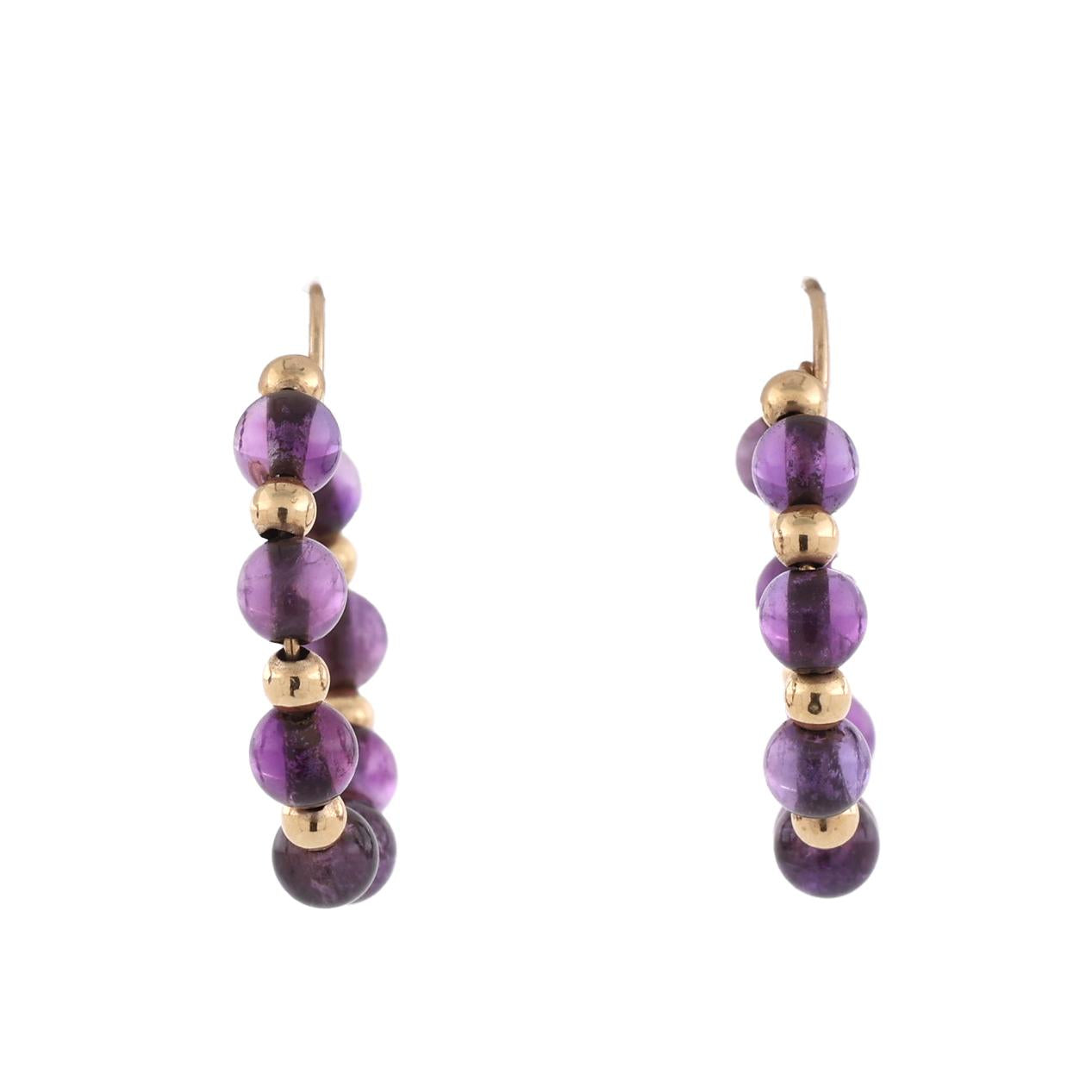 14K Yellow Gold Round Amethyst Beaded Hoop Earrings Estate Purple Gemstones