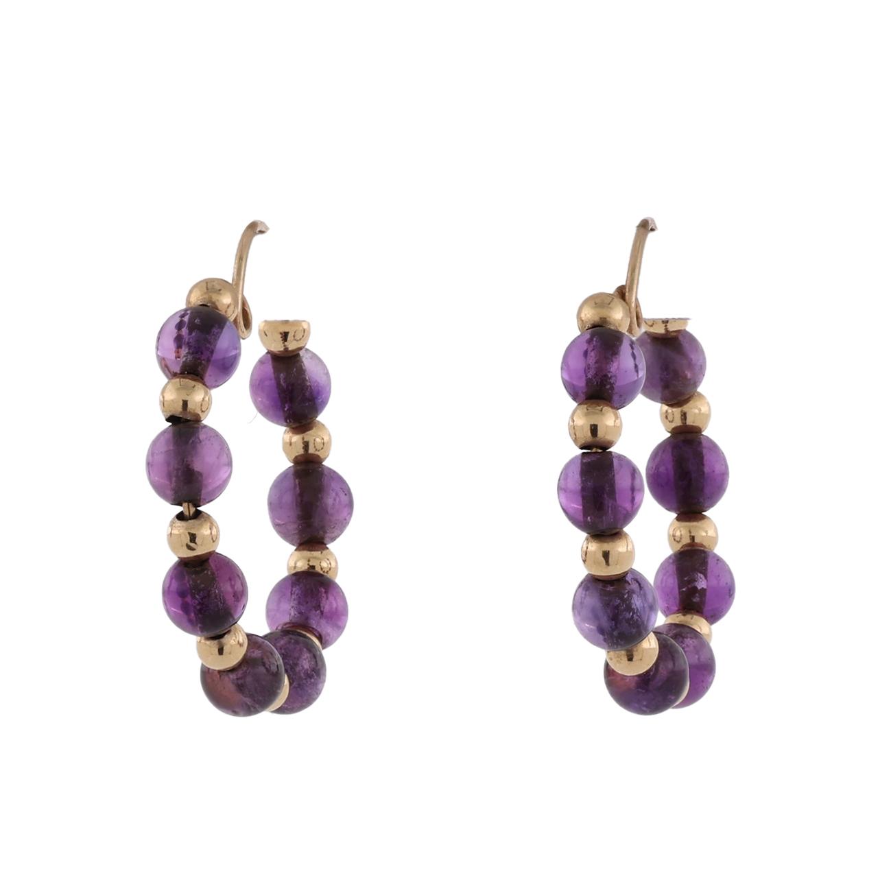 14K Yellow Gold Round Amethyst Beaded Hoop Earrings Estate Purple Gemstones