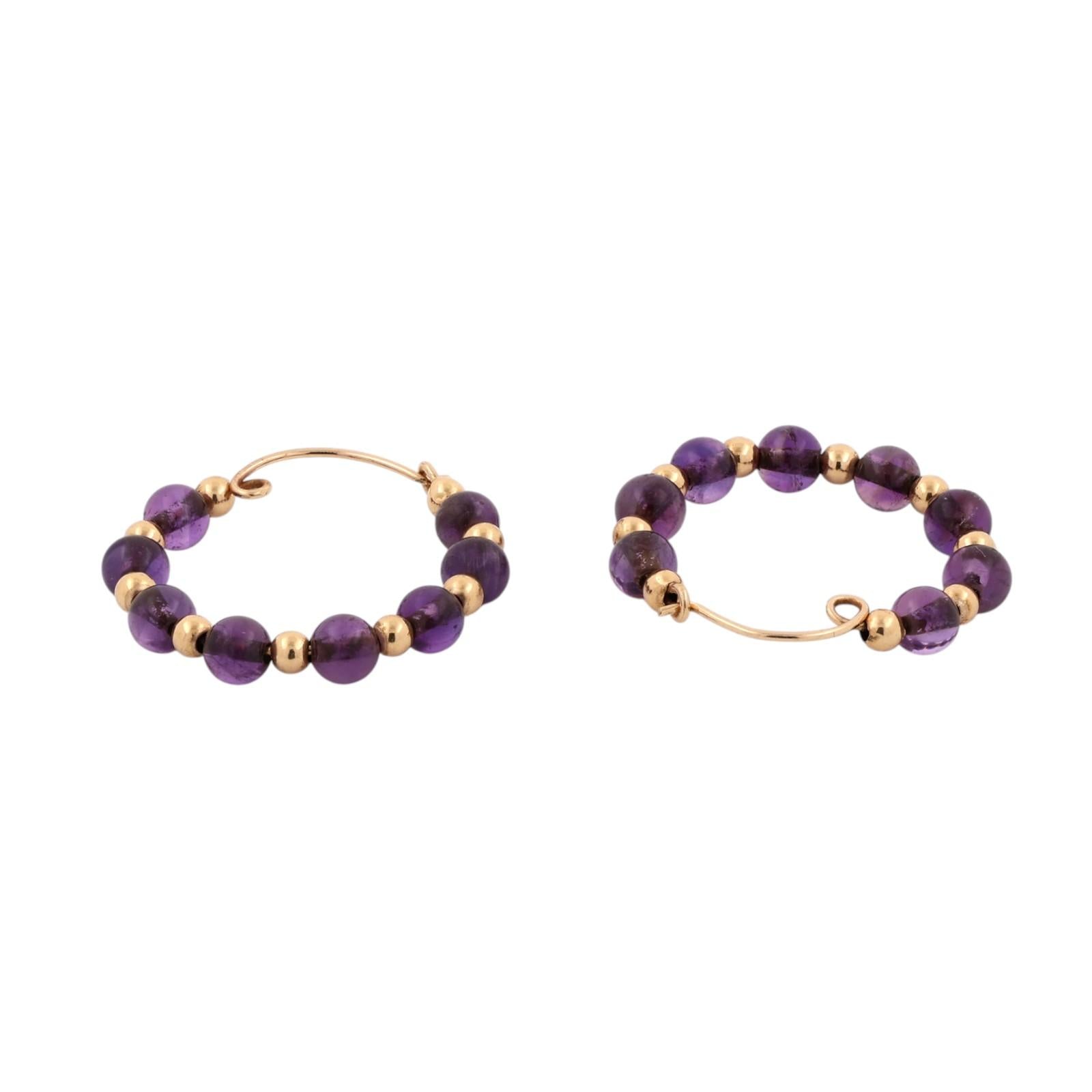 14K Yellow Gold Round Amethyst Beaded Hoop Earrings Estate Purple Gemstones