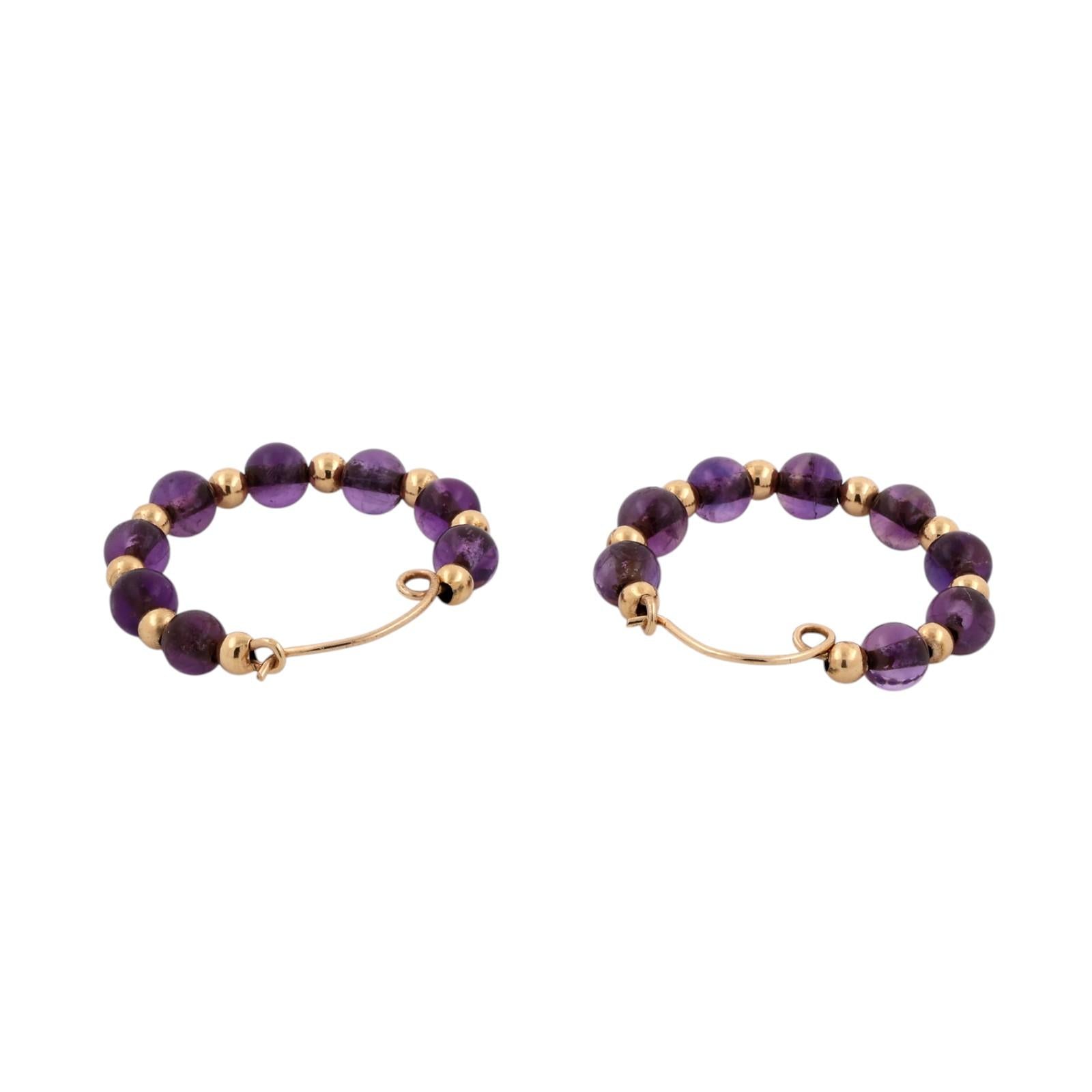 14K Yellow Gold Round Amethyst Beaded Hoop Earrings Estate Purple Gemstones