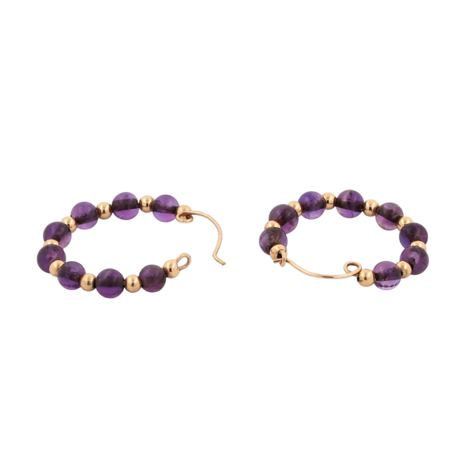 14K Yellow Gold Round Amethyst Beaded Hoop Earrings Estate Purple Gemstones