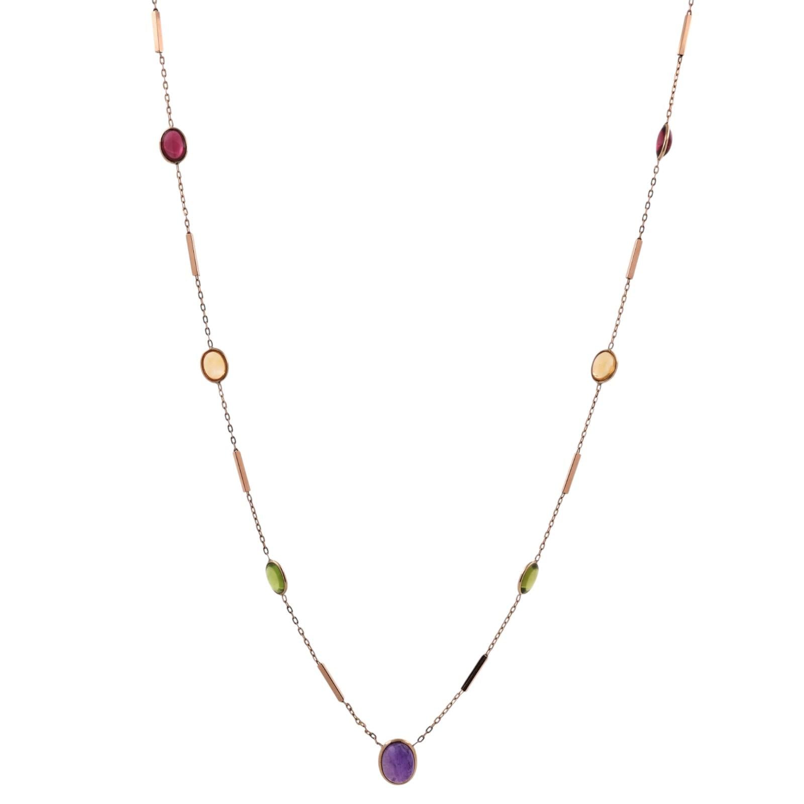 14K Gold Multi Gemstone Station Necklace 26" Garnet Peridot Citrine Amethyst