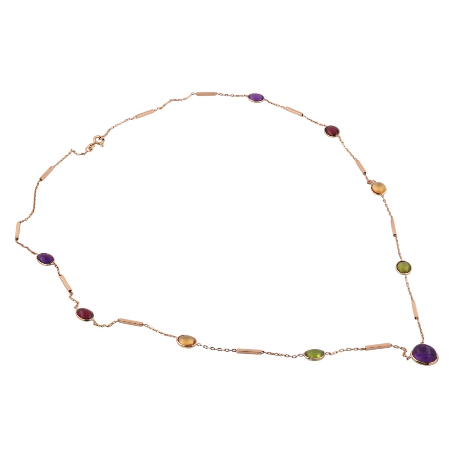 14K Gold Multi Gemstone Station Necklace 26" Garnet Peridot Citrine Amethyst