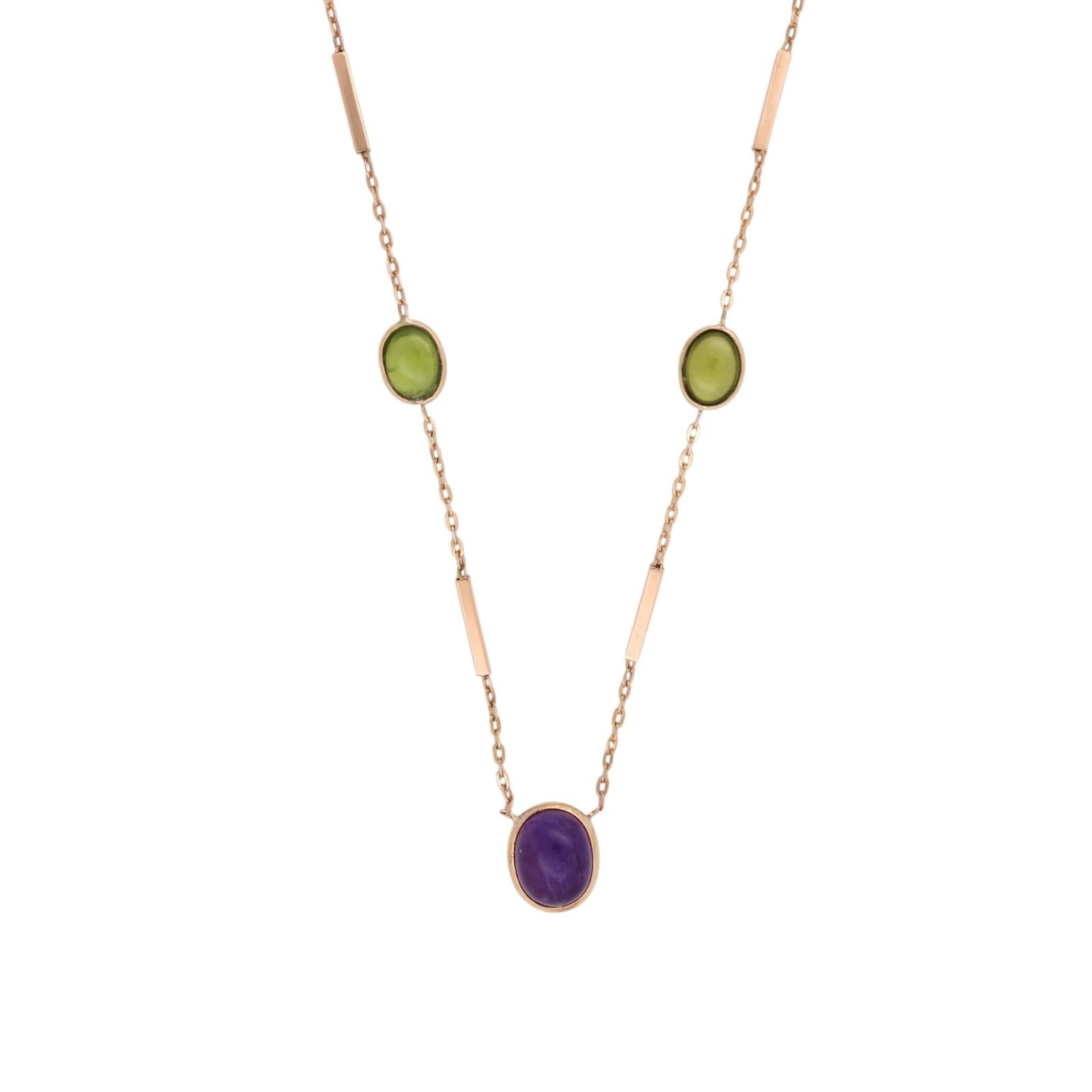 14K Gold Multi Gemstone Station Necklace 26" Garnet Peridot Citrine Amethyst