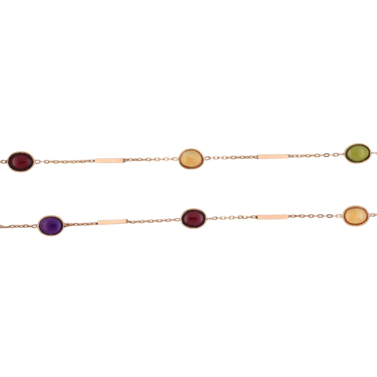 14K Gold Multi Gemstone Station Necklace 26" Garnet Peridot Citrine Amethyst
