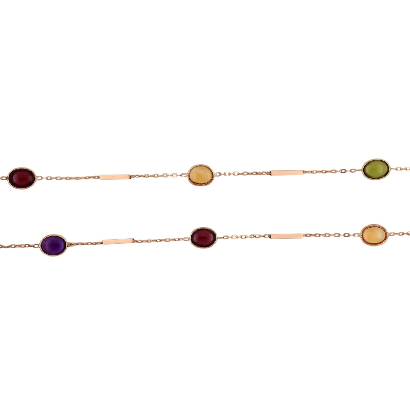 14K Gold Multi Gemstone Station Necklace 26" Garnet Peridot Citrine Amethyst