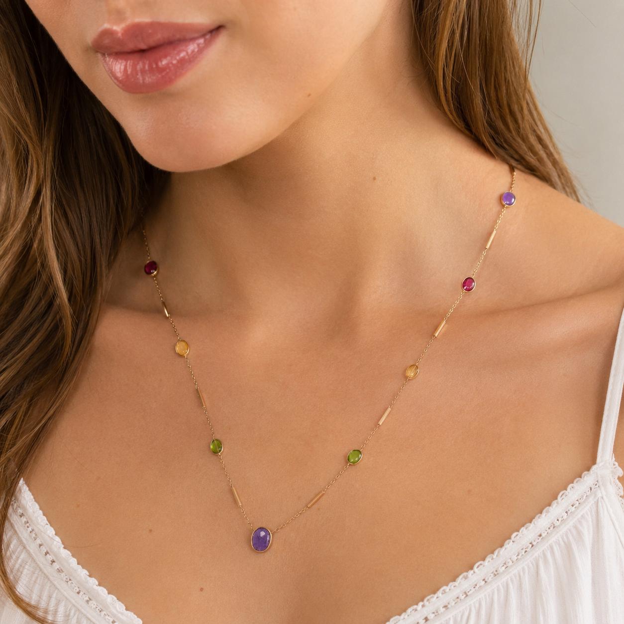 14K Gold Multi Gemstone Station Necklace 26" Garnet Peridot Citrine Amethyst