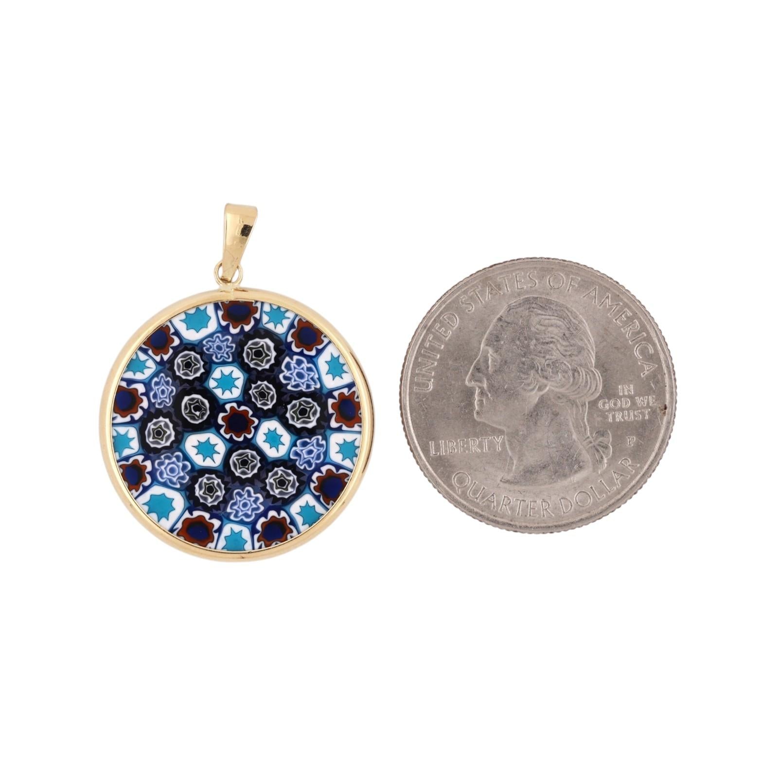 18K Gold Murano Millefiori Art Glass Round Pendant Italian Venetian 24mm