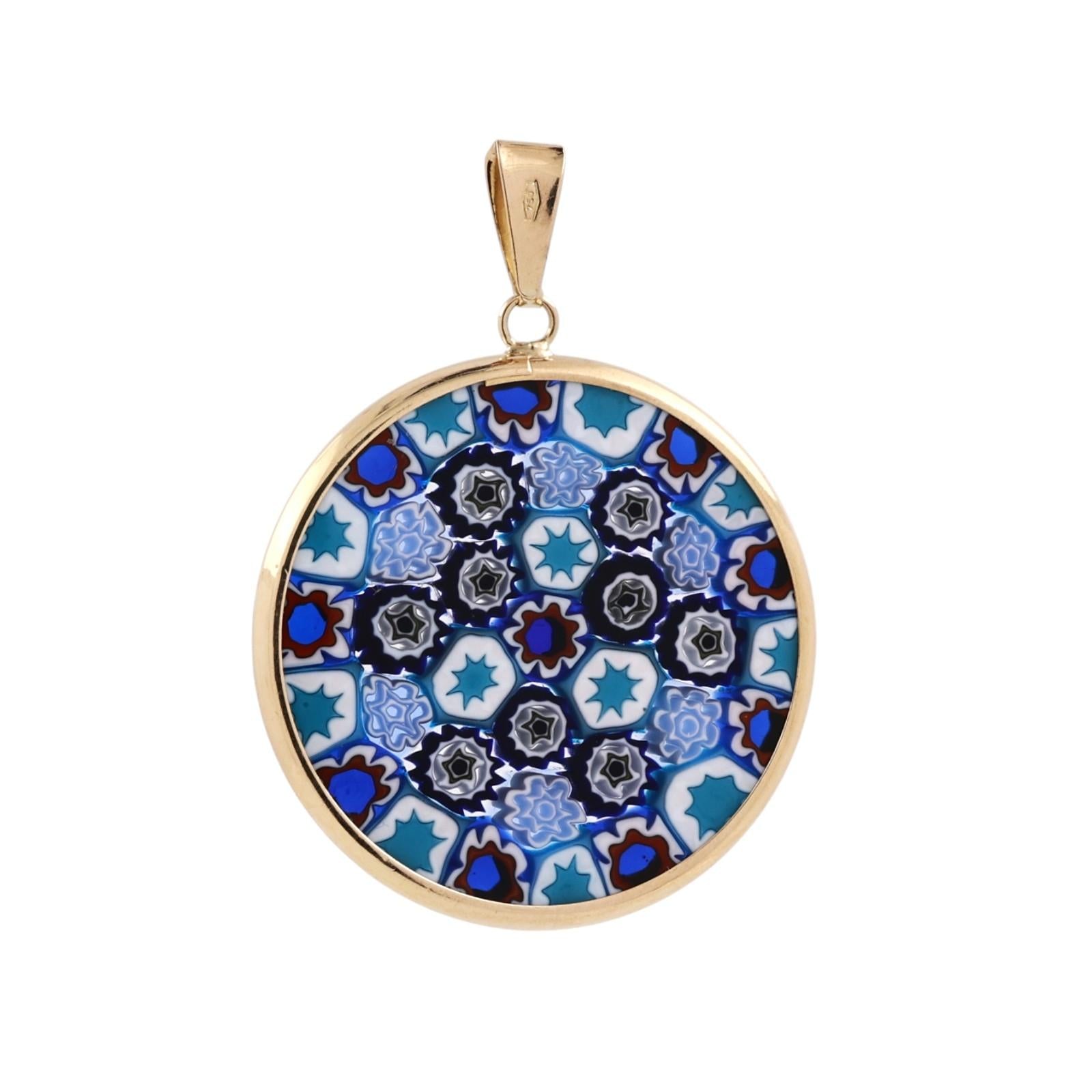 18K Gold Murano Millefiori Art Glass Round Pendant Italian Venetian 24mm