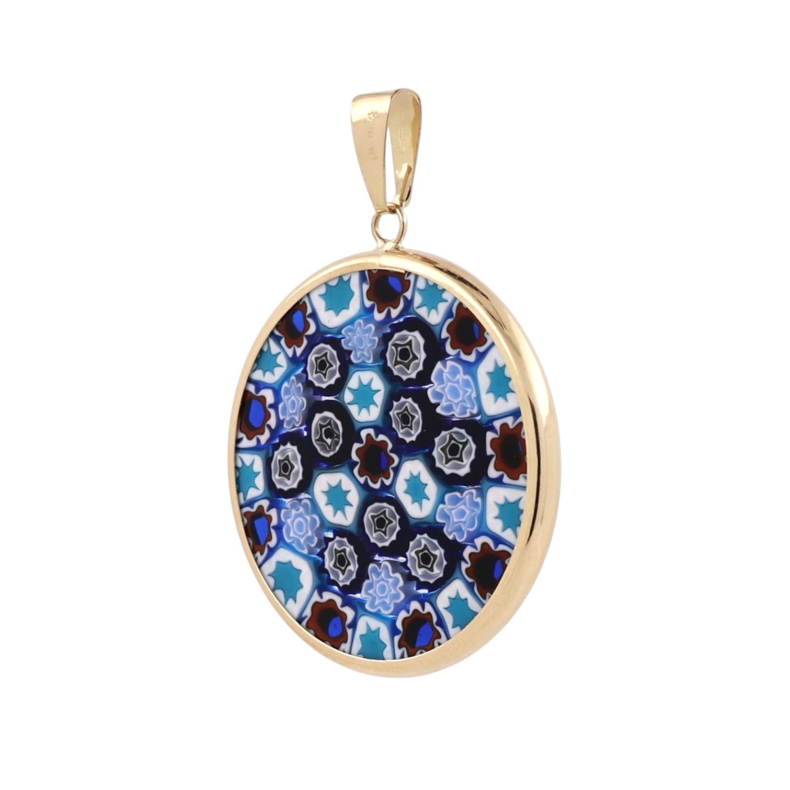18K Gold Murano Millefiori Art Glass Round Pendant Italian Venetian 24mm