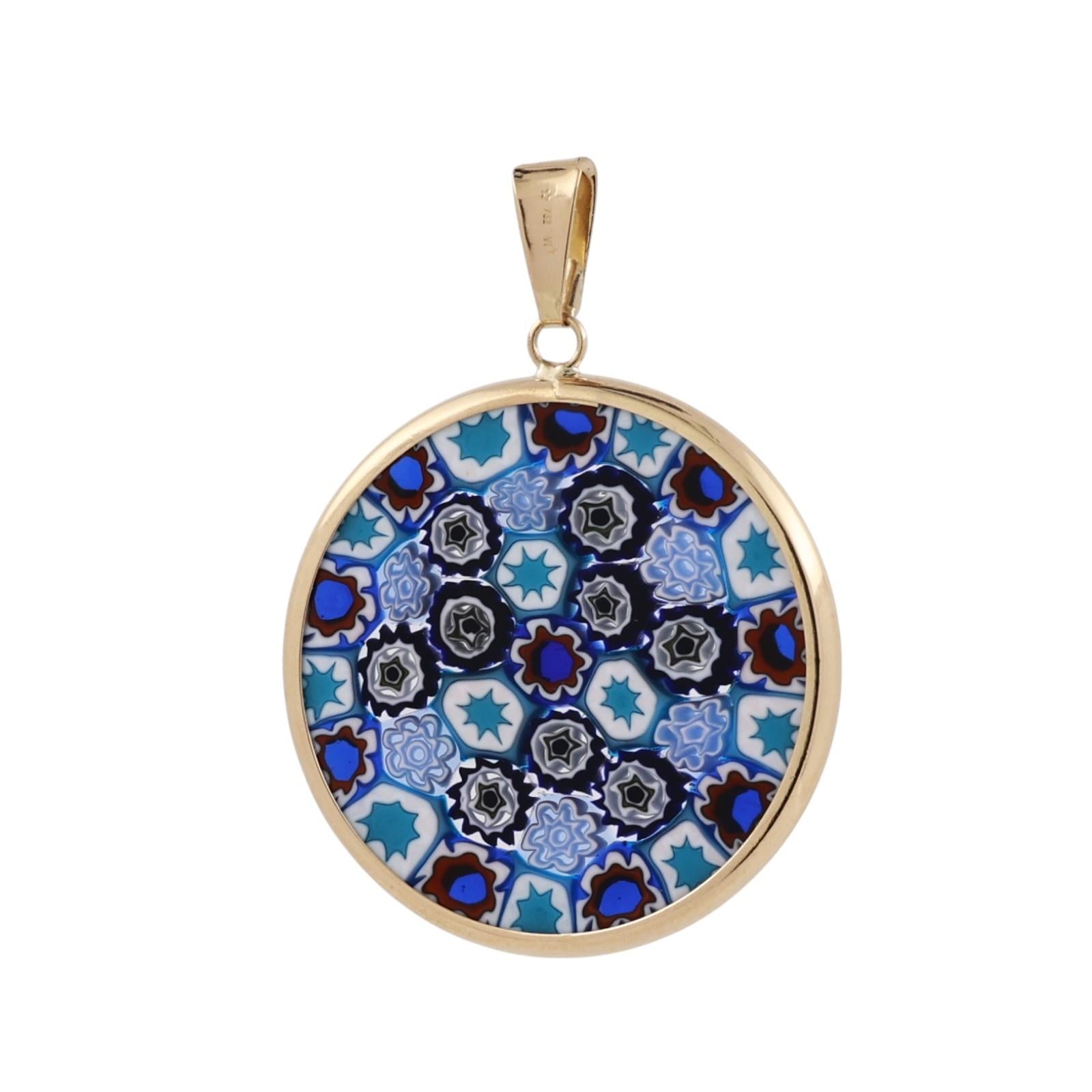 18K Gold Murano Millefiori Art Glass Round Pendant Italian Venetian 24mm