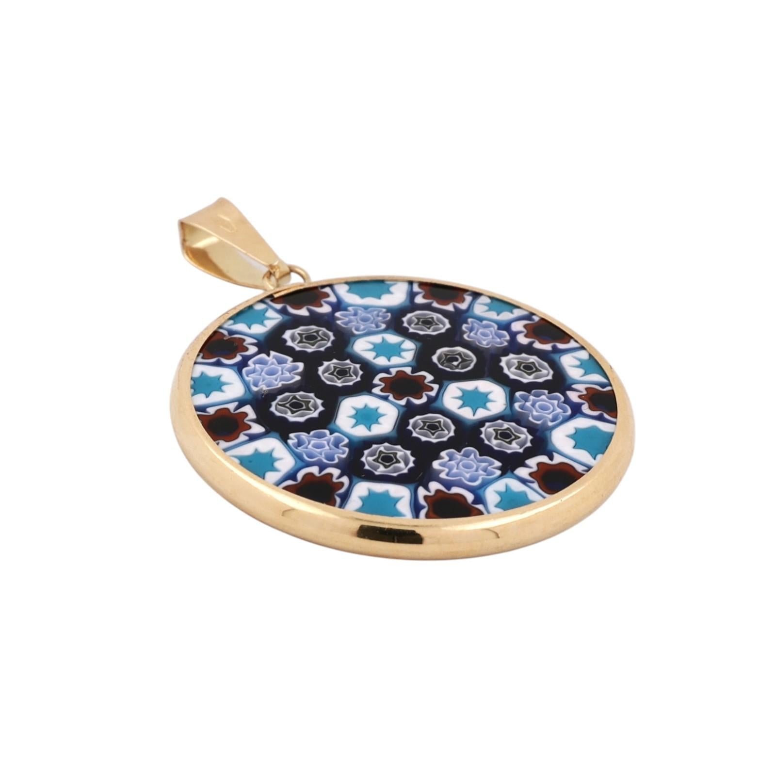 18K Gold Murano Millefiori Art Glass Round Pendant Italian Venetian 24mm