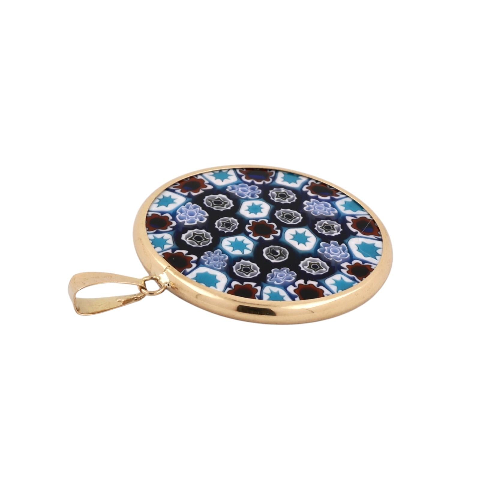 18K Gold Murano Millefiori Art Glass Round Pendant Italian Venetian 24mm