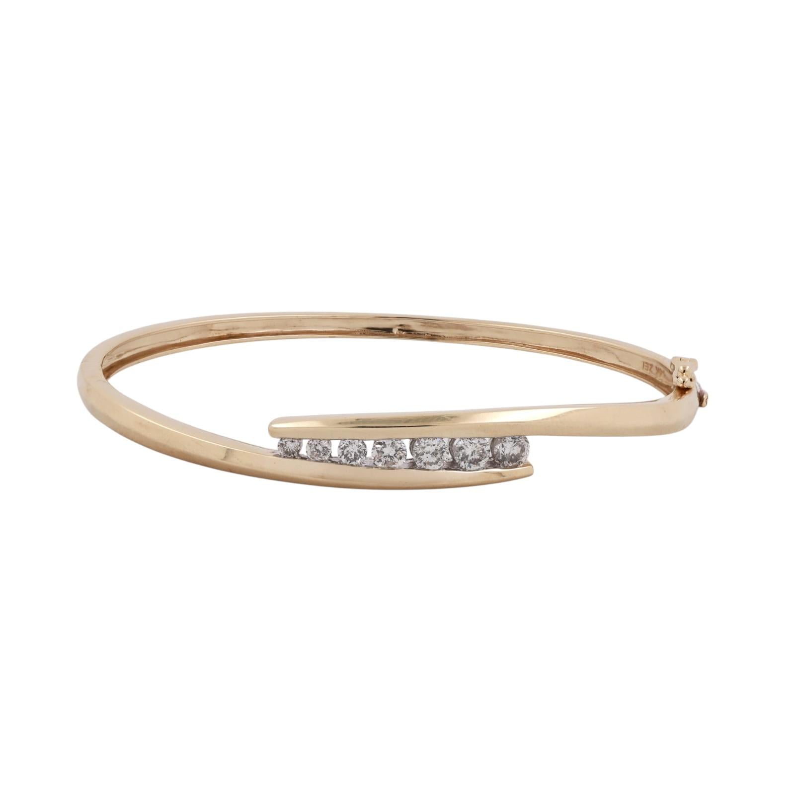 14K Two Tone Gold 1.00CTW Diamond Bypass Hinged Bangle Bracelet 6.75"