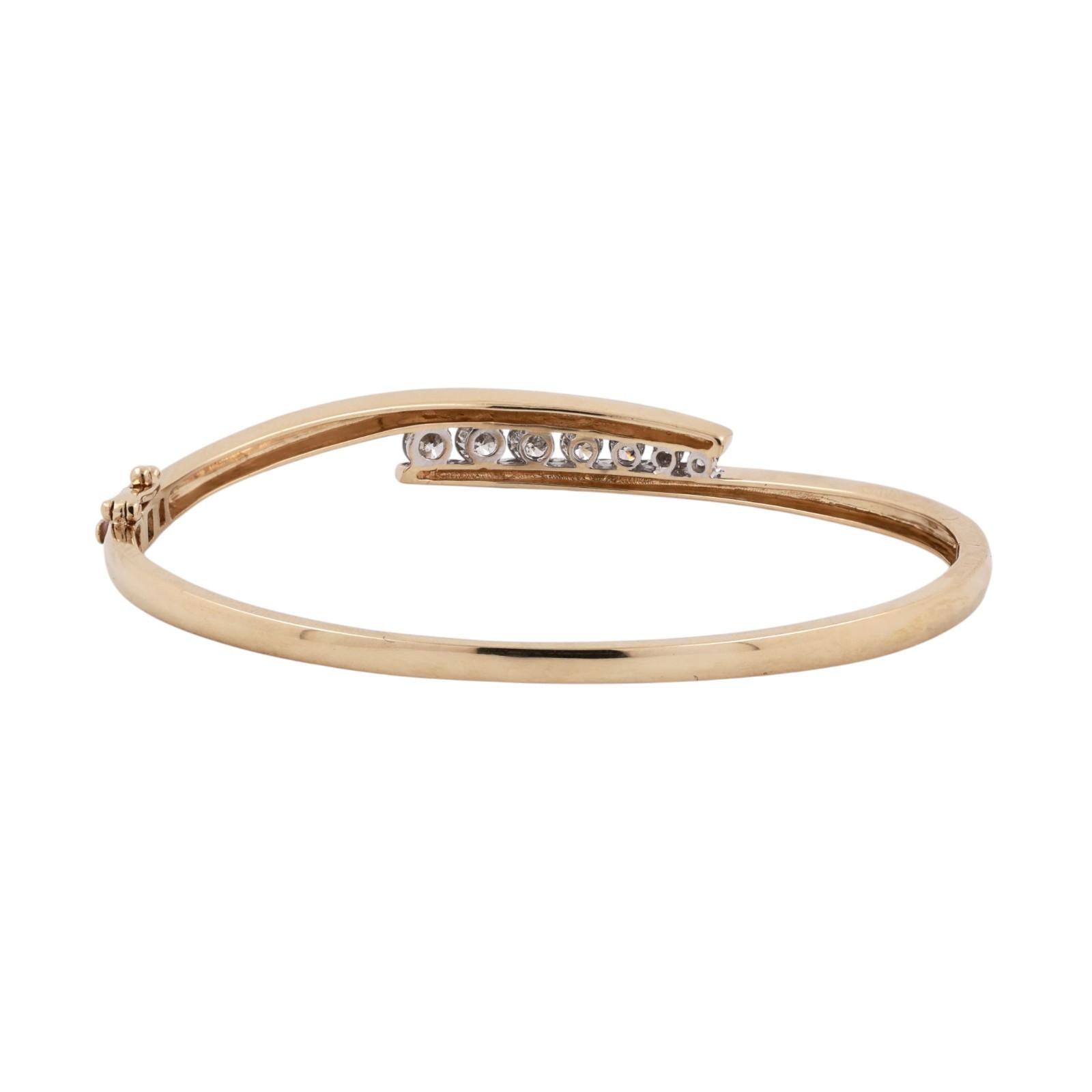 14K Two Tone Gold 1.00CTW Diamond Bypass Hinged Bangle Bracelet 6.75"