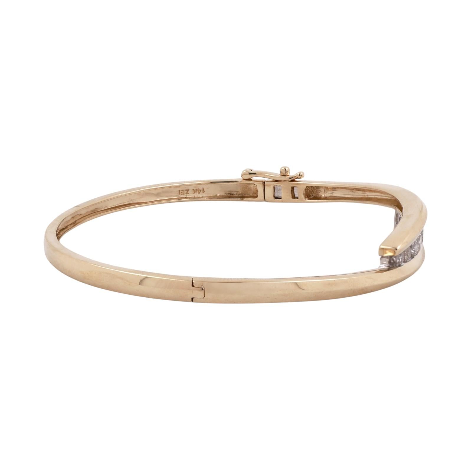 14K Two Tone Gold 1.00CTW Diamond Bypass Hinged Bangle Bracelet 6.75"