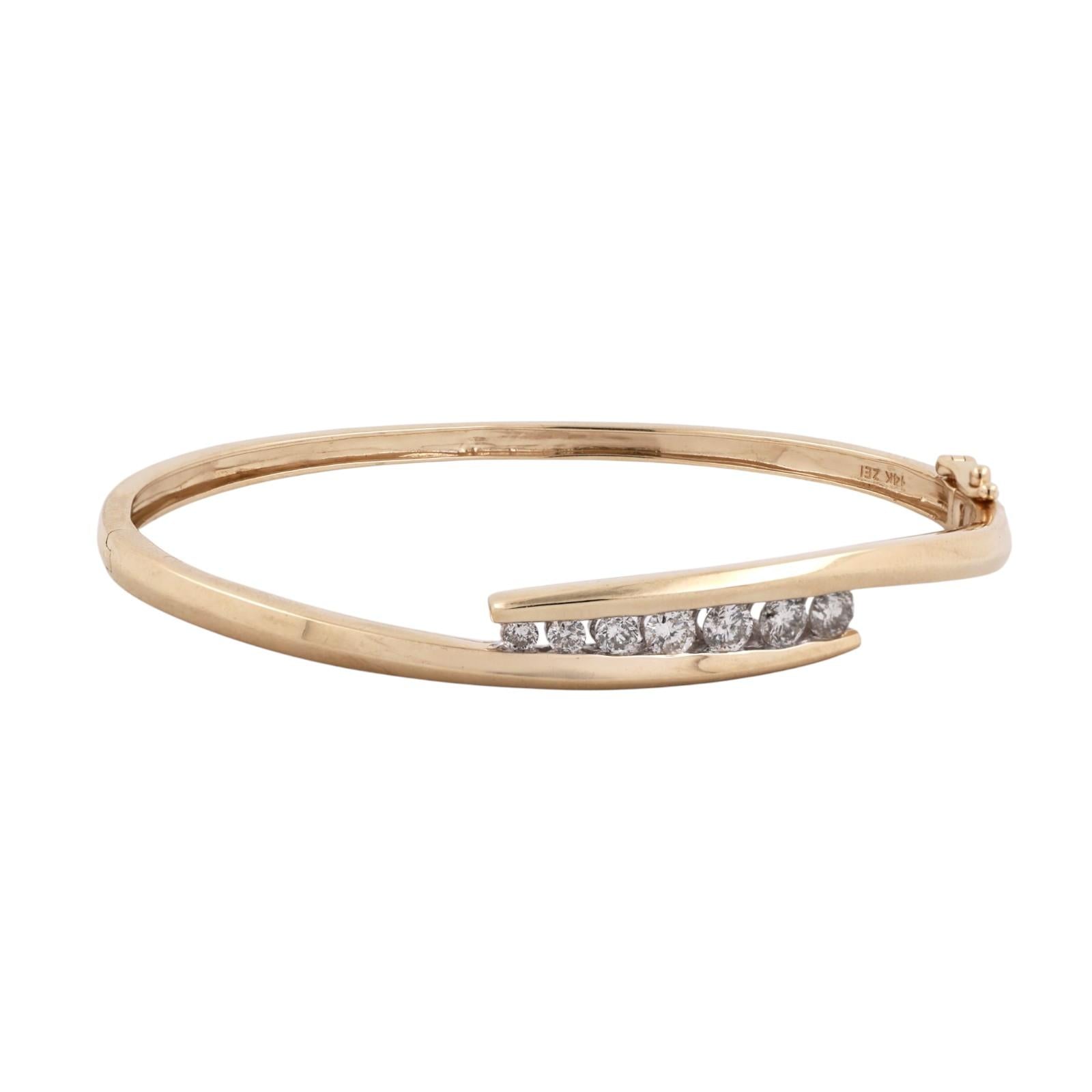 14K Two Tone Gold 1.00CTW Diamond Bypass Hinged Bangle Bracelet 6.75"