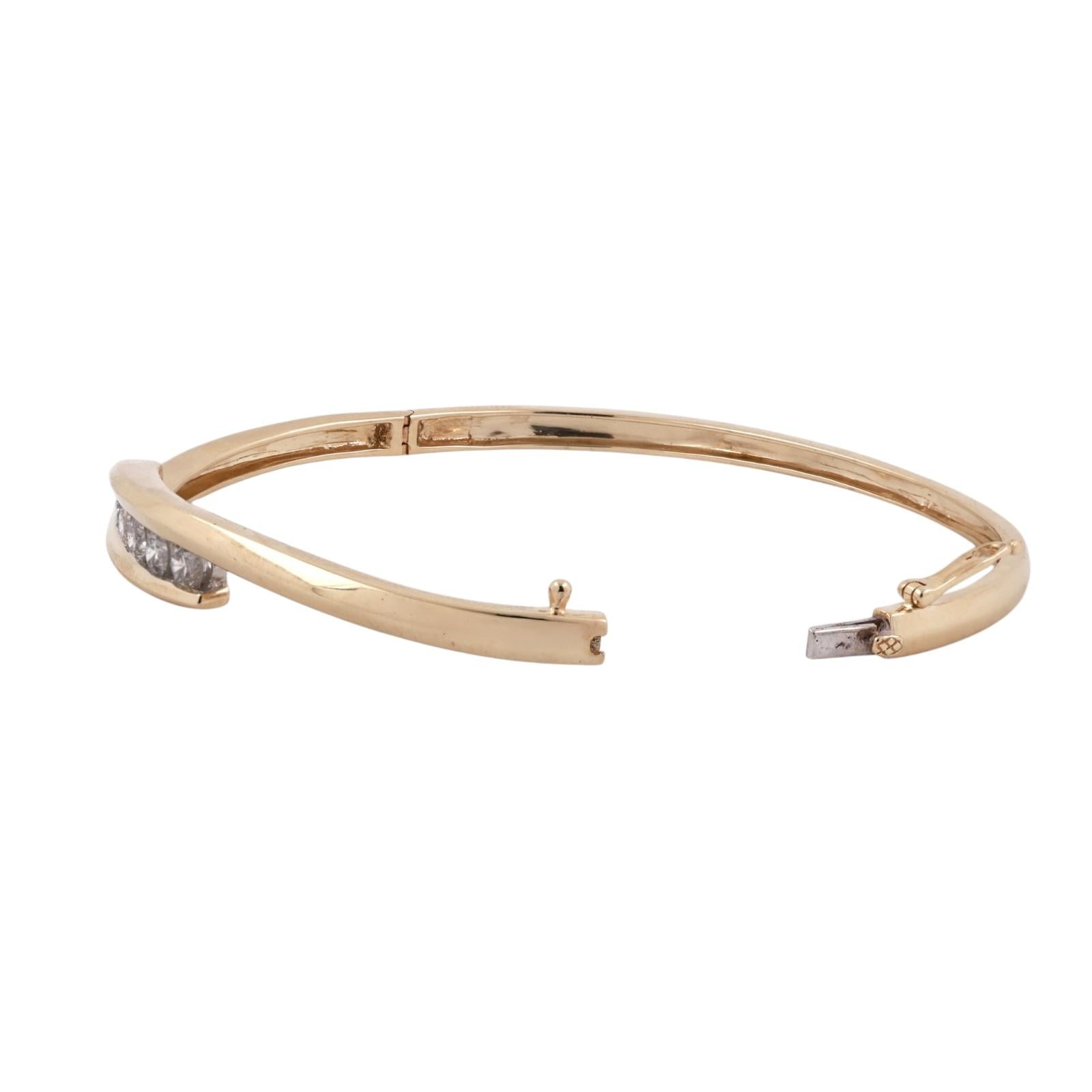 14K Two Tone Gold 1.00CTW Diamond Bypass Hinged Bangle Bracelet 6.75"