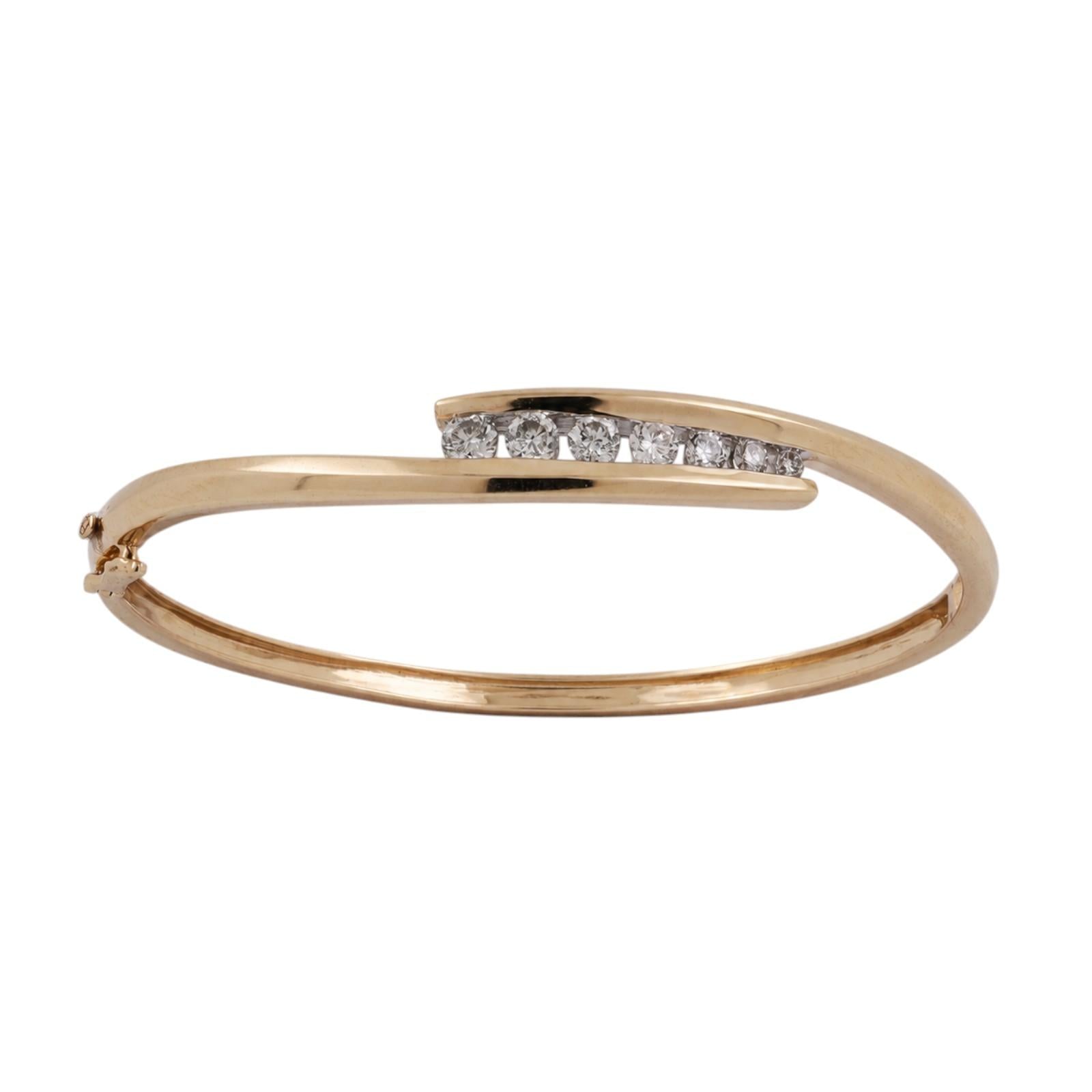 14K Two Tone Gold 1.00CTW Diamond Bypass Hinged Bangle Bracelet 6.75"